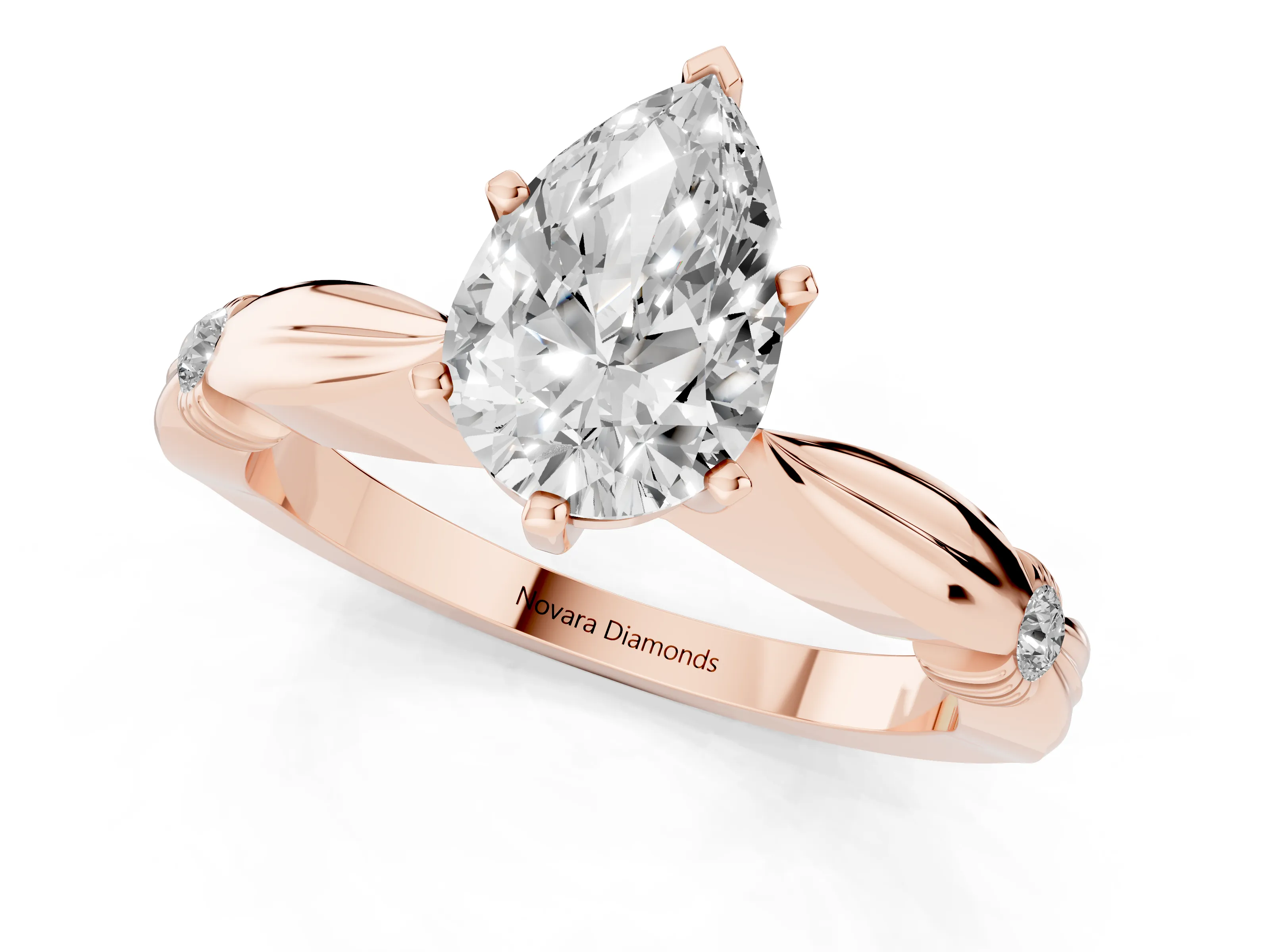 Pear Cut Diamond Solitaire Twisted Band Ring Set in Rose gold with Accent Stones and Prong Setting – second view