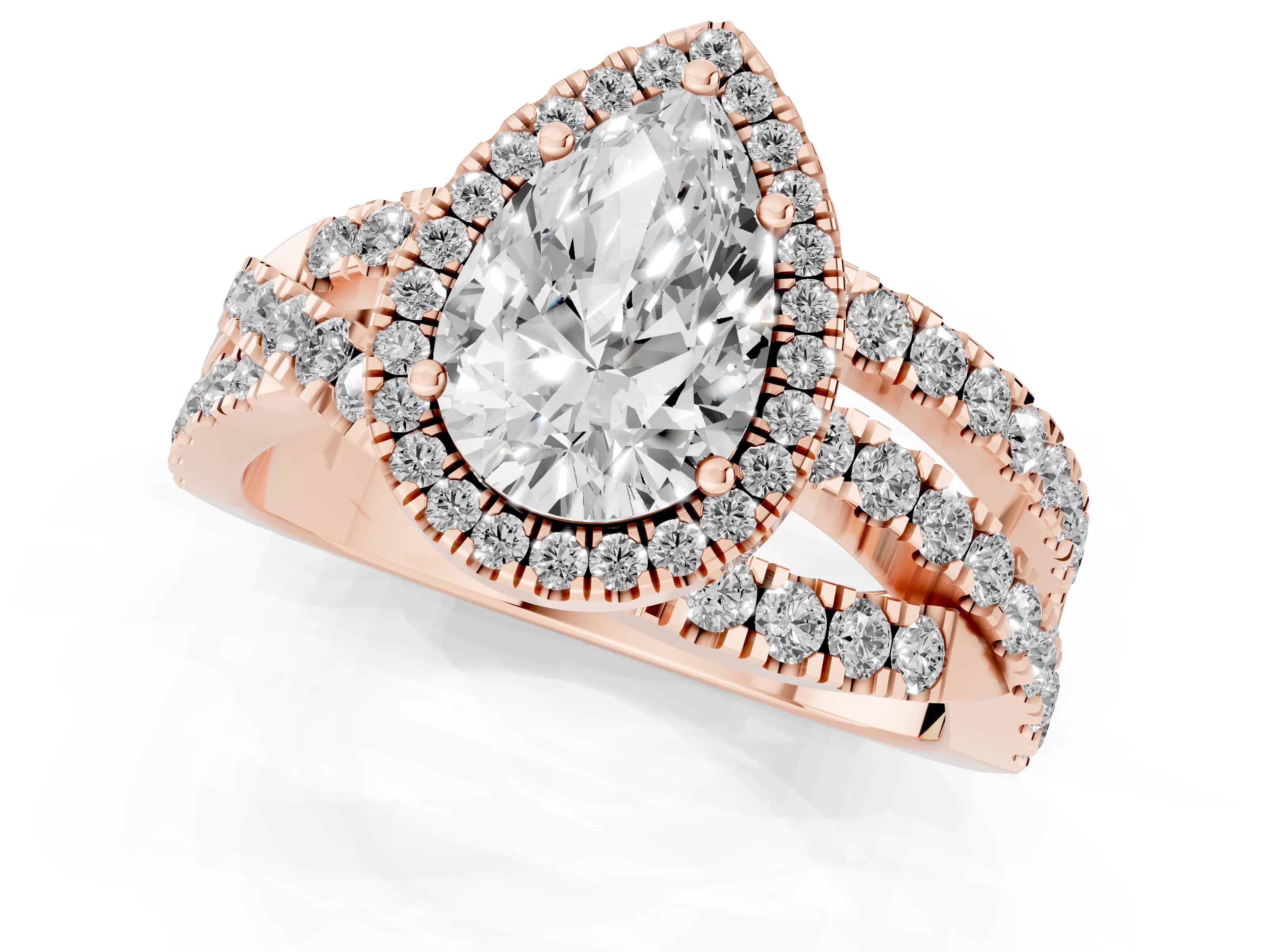 Pear Cut Diamond Halo Ring Set in Rose gold with Round Crossover Split Shank and Prong Setting