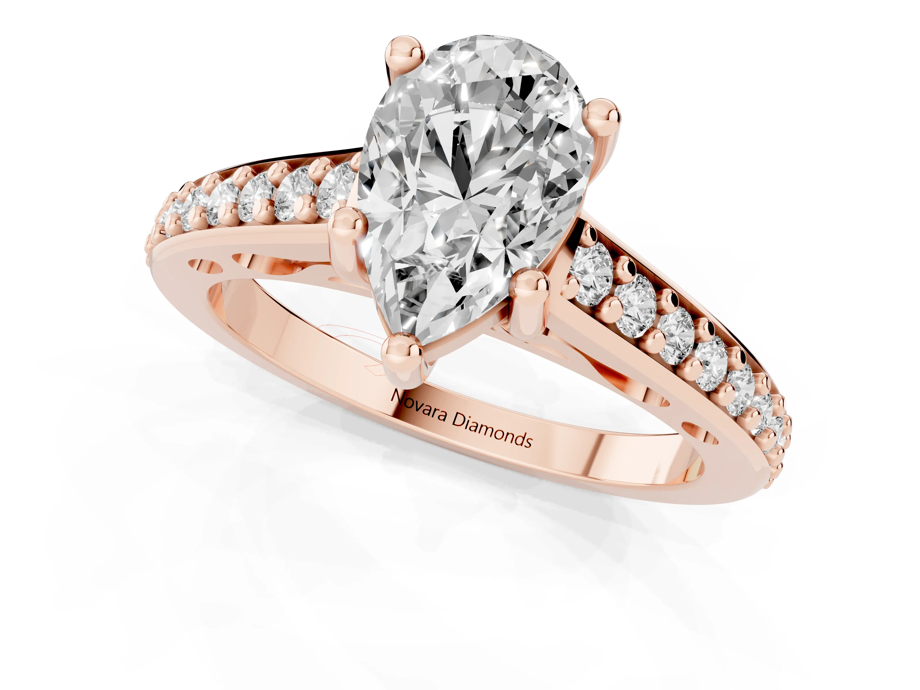 Pear Cut Diamond Prong Set Solitaire Engagement Ring Set in Rose gold with Pavé Band