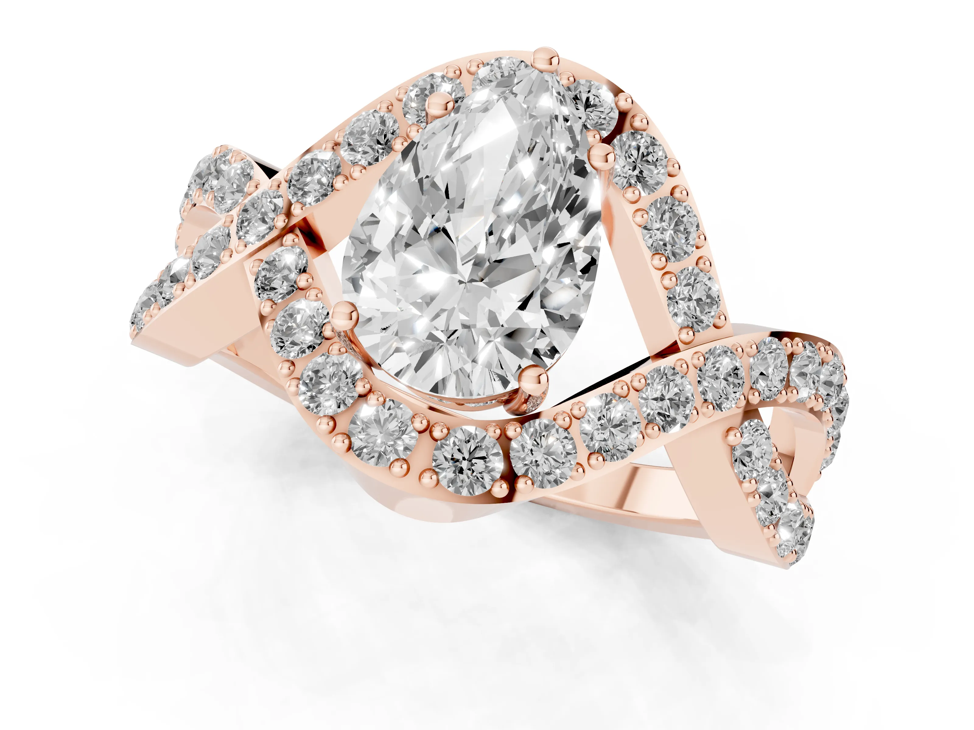 Pear Cut Diamond Solitaire Twist Band Pavé Engagement Ring Set in Rose gold