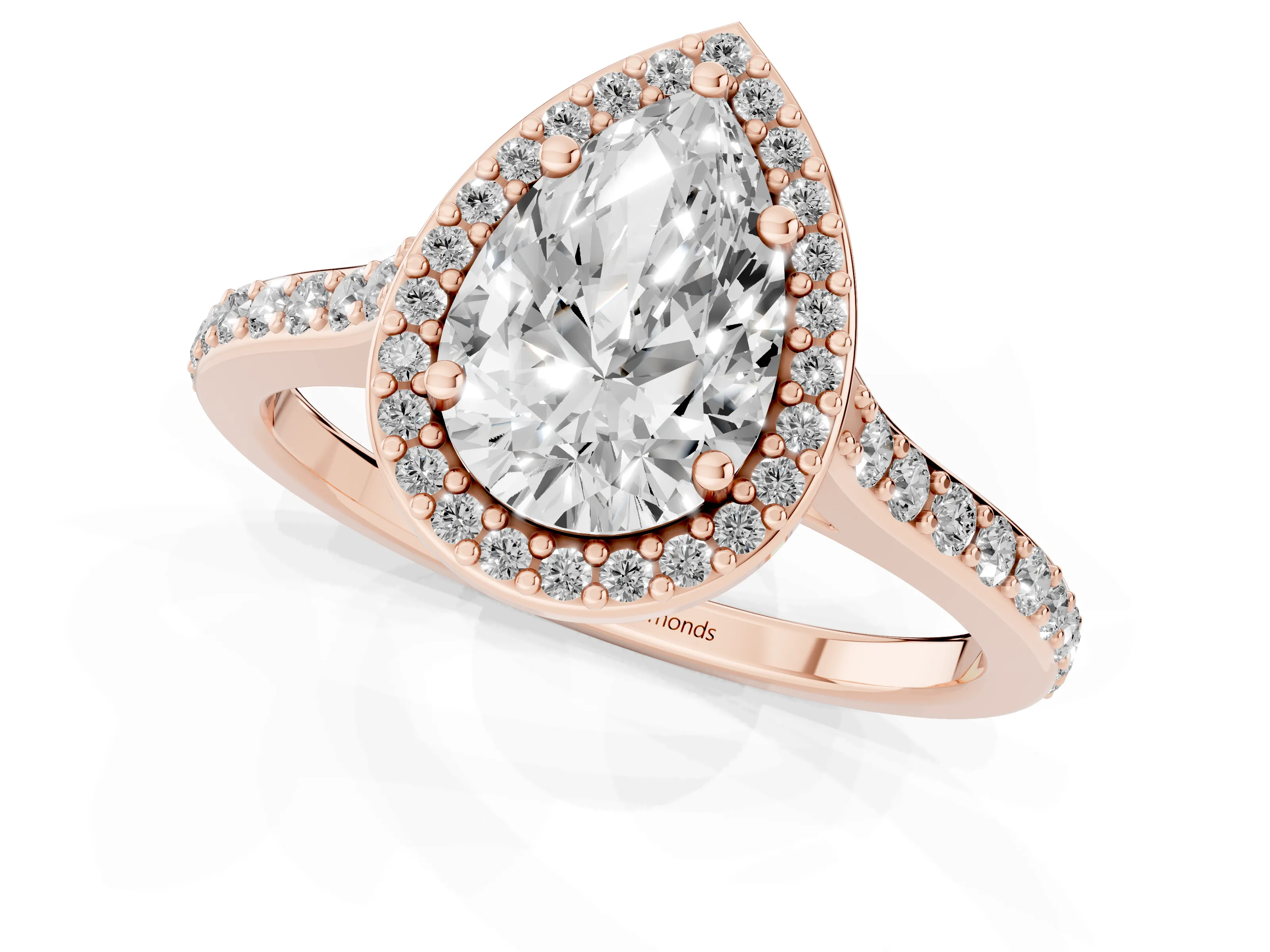 Pear Cut Diamond Halo Engagement Ring Set in Rose gold with Round Pavé Shoulders and Heart Gallery
