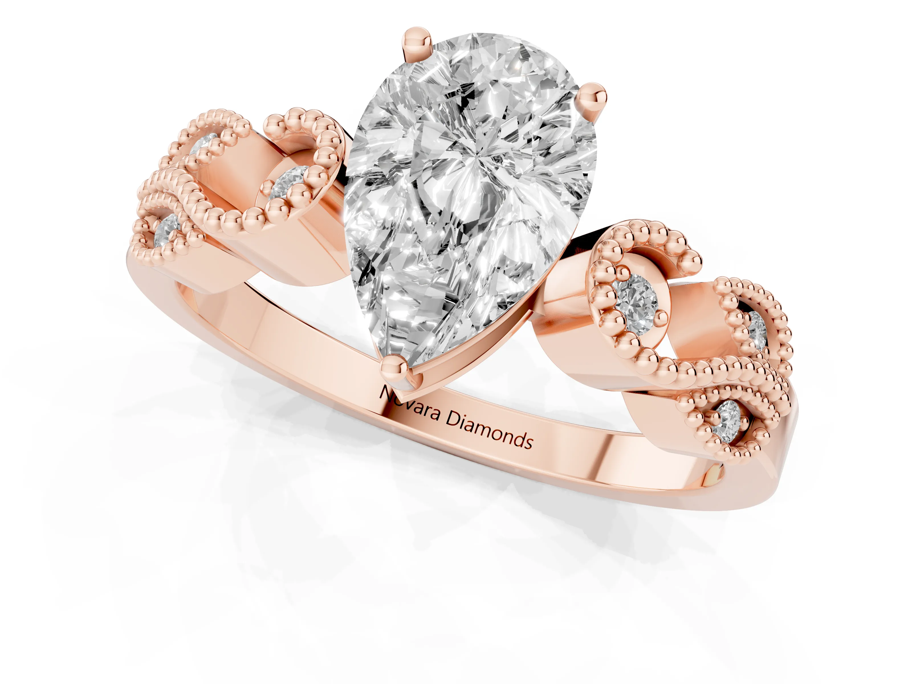 Pear Cut Diamond Milgrain Leaf Band Solitaire Ring Set in Rose gold with Accent Stones and Prong Setting
