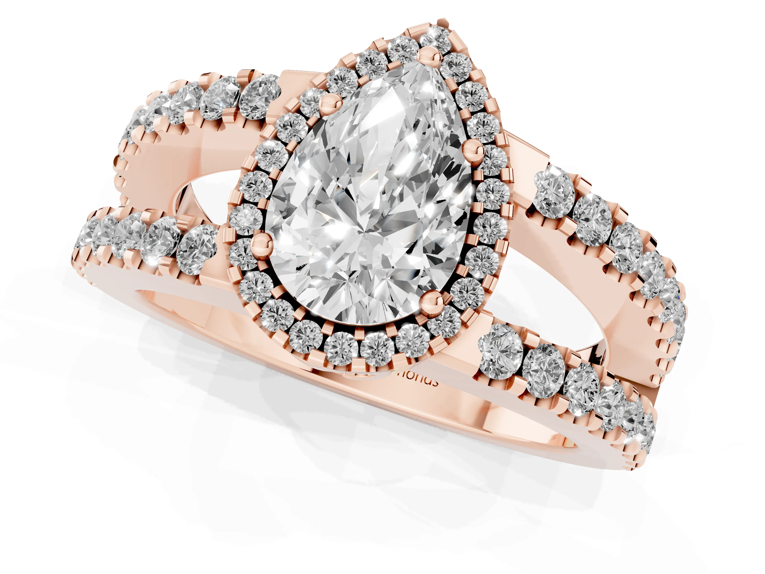 Pear Cut Diamond Halo Ring Set in Rose gold with Pavé Split Shank and Prong Setting