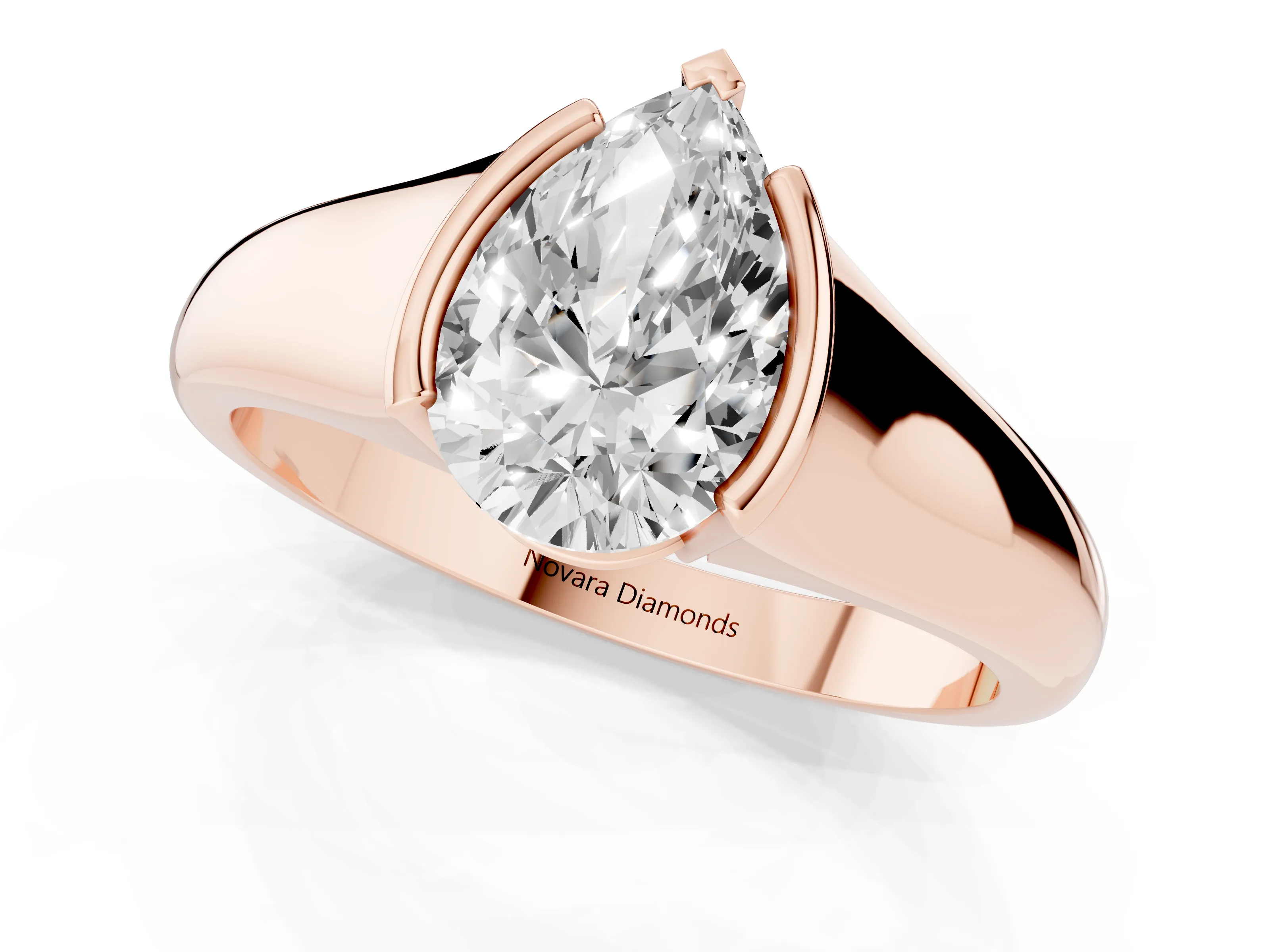 Pear Cut Diamond Solitaire Tension Set Ring Set in Rose gold with Split Shank Band