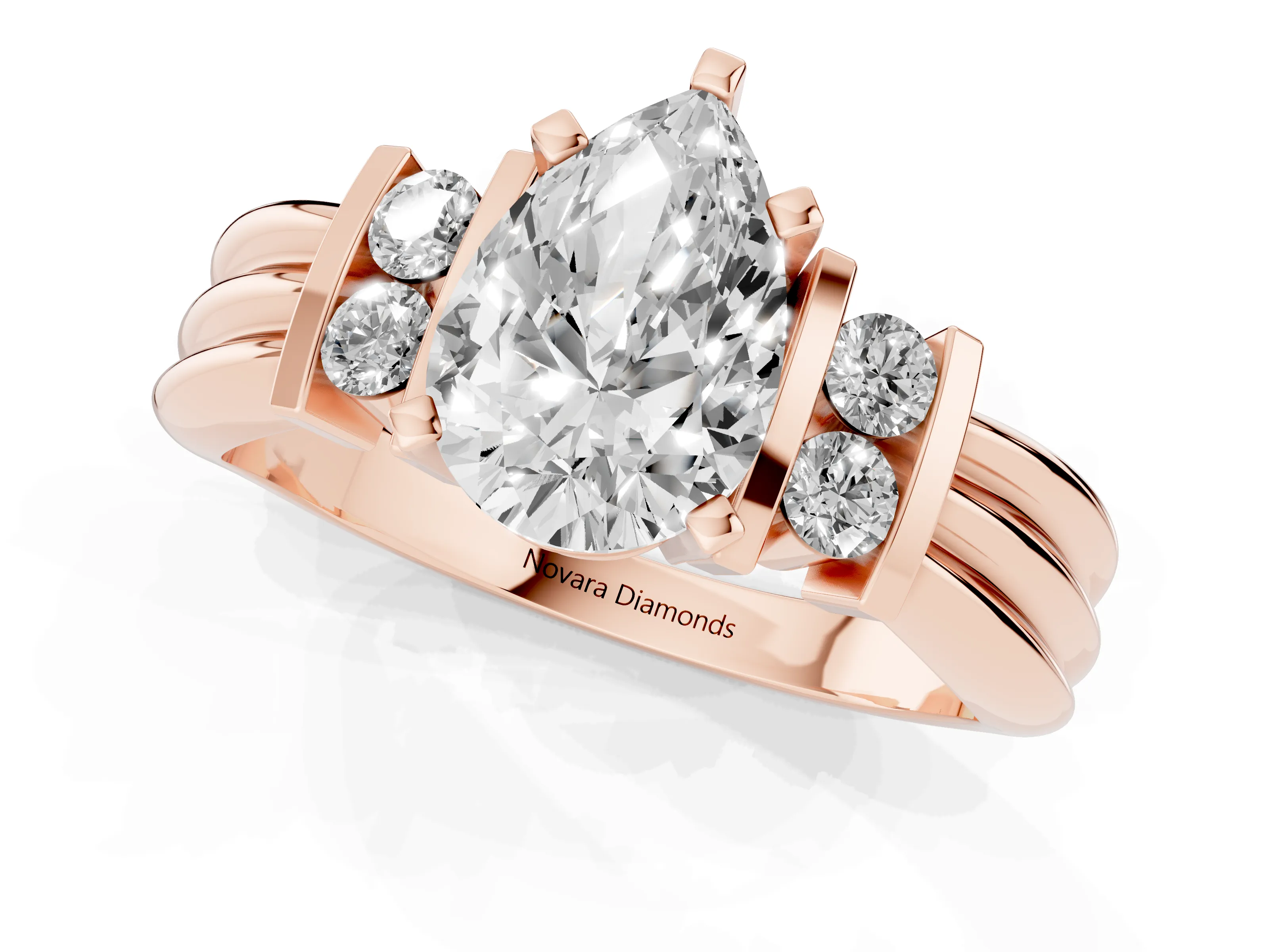Three-Stone Pear Cut Diamond Channel Set Ring Set in Rose gold with Bar Prongs