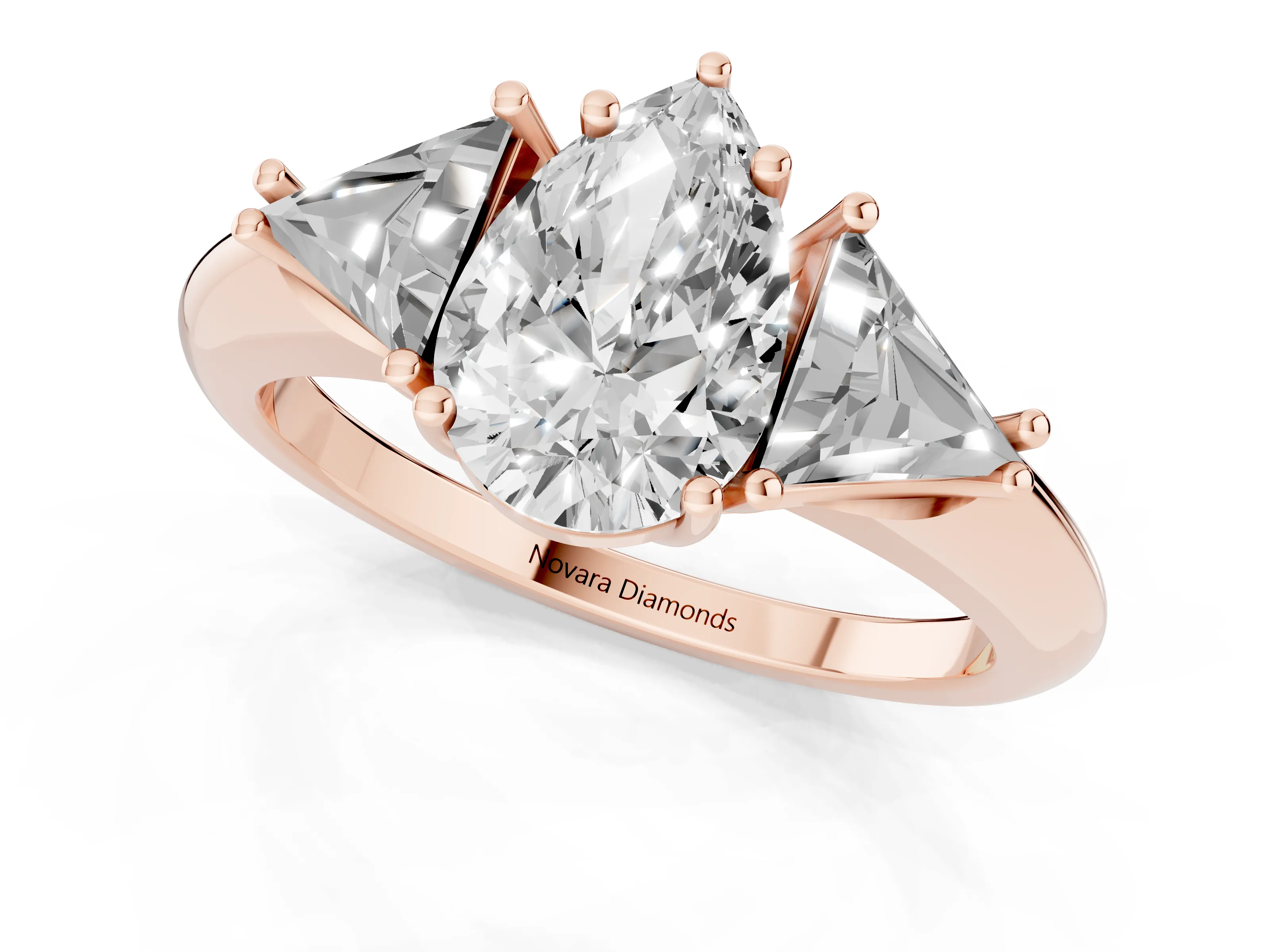 Pear Cut Diamond Three-Stone Engagement Ring Set in Rose gold with Trillion Side Stones