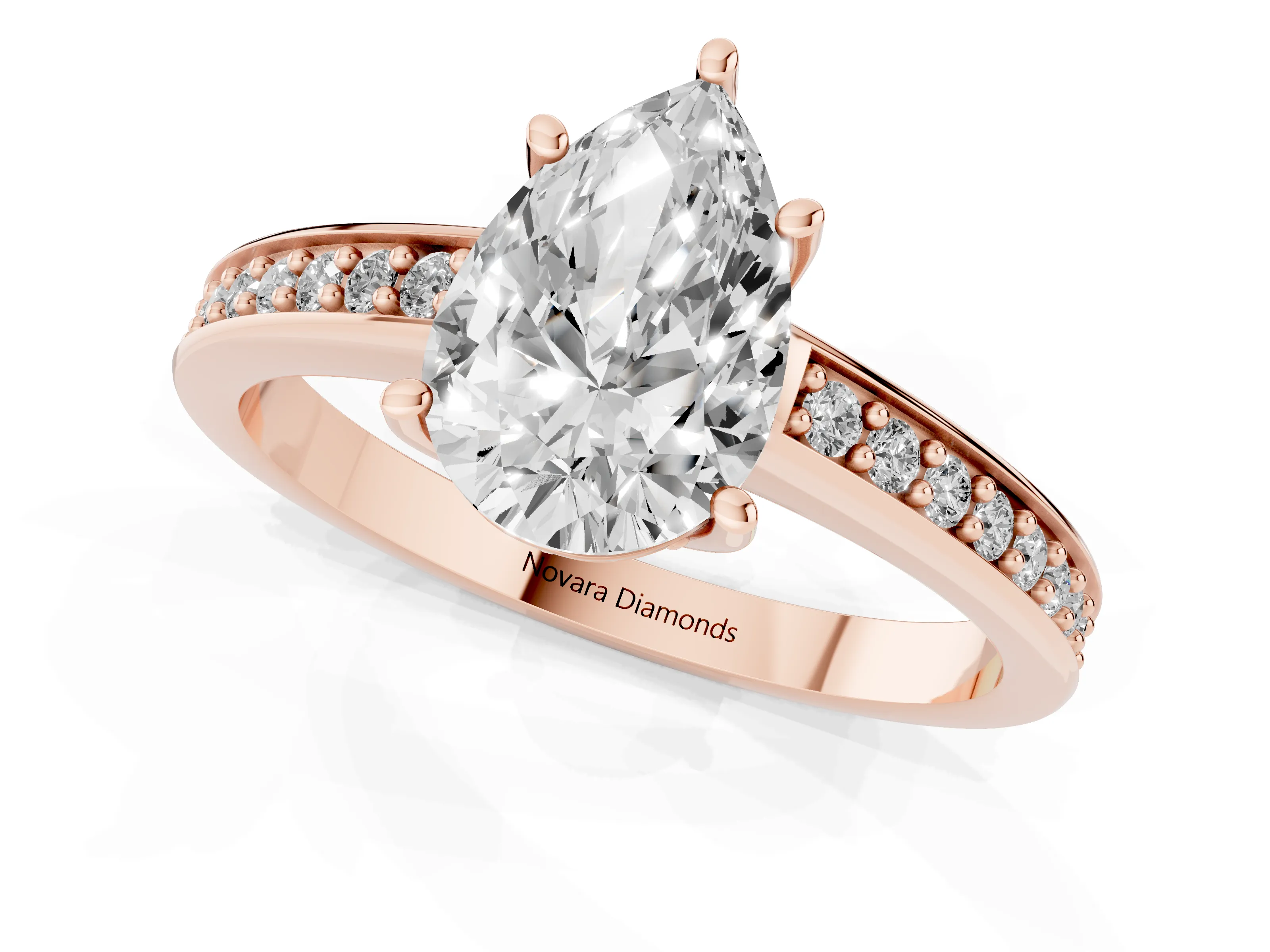 Pear Cut Diamond Pavé Band Prong Set Solitaire Ring Set in Rose gold