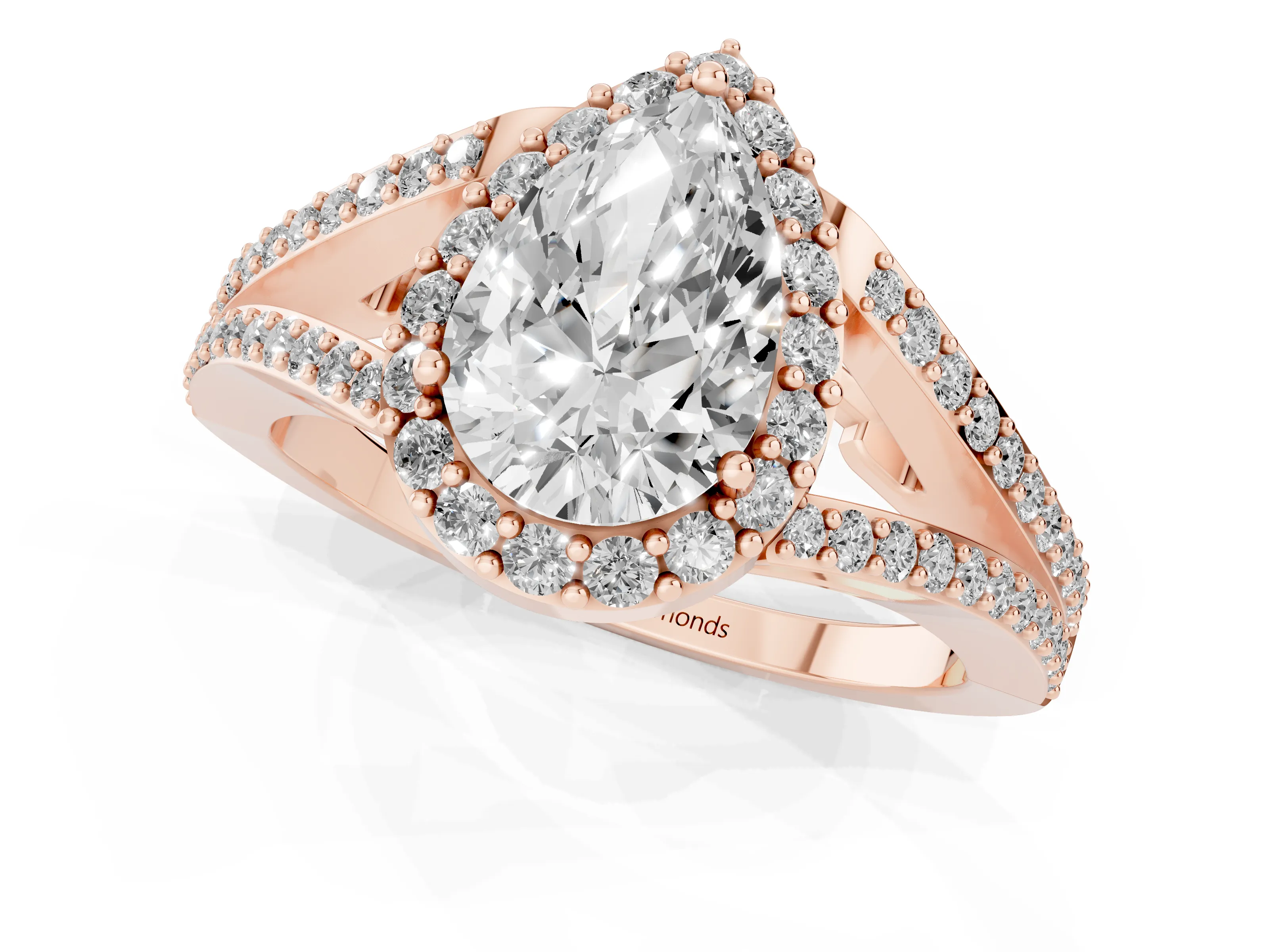 Pear Cut Diamond Halo Split Shank Pavé Ring Set in Rose gold with Prong Setting