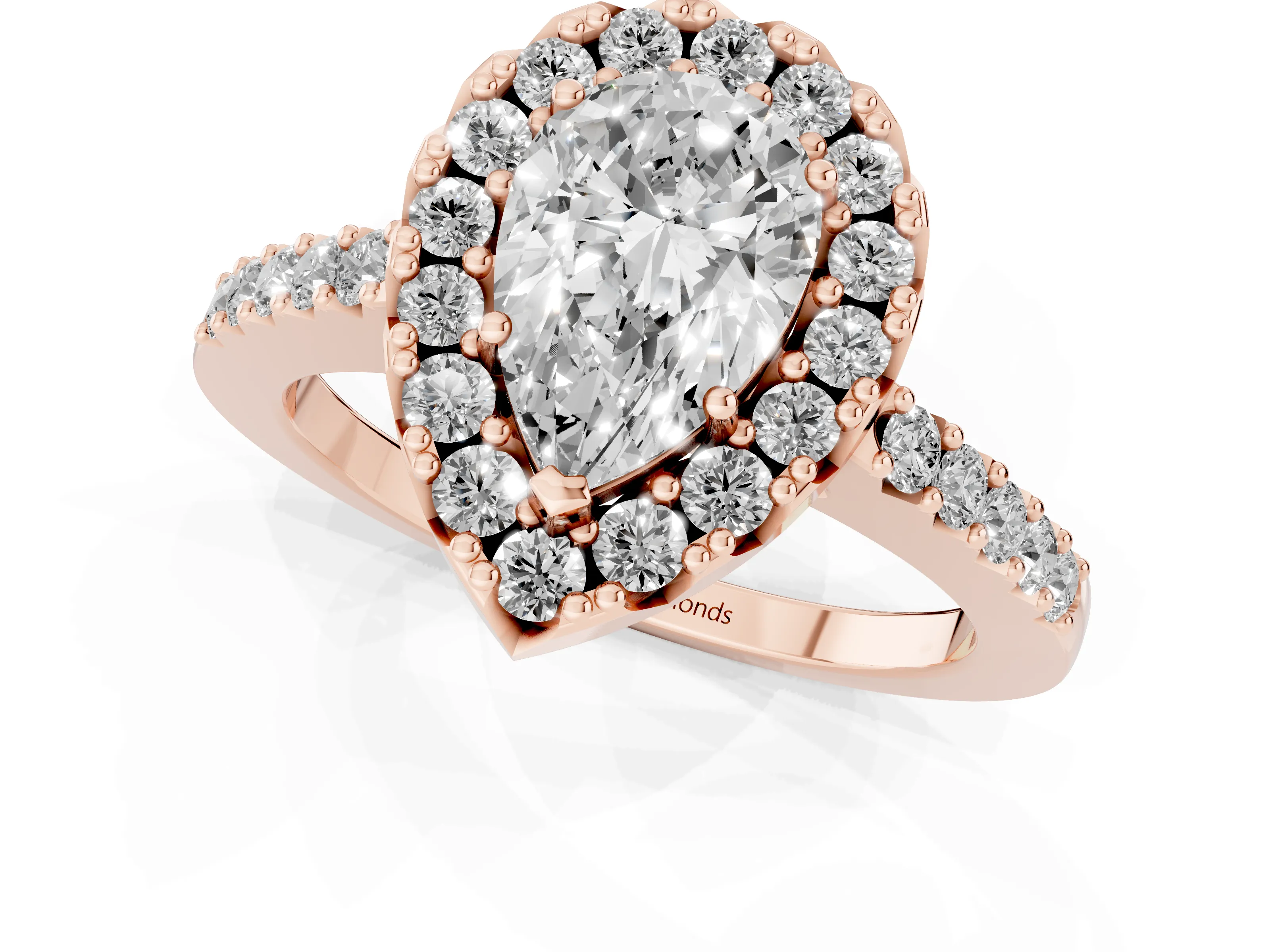 Pear Cut Diamond Halo Pavé Solitaire Ring Set in Rose gold with Prong-Set Center Stone