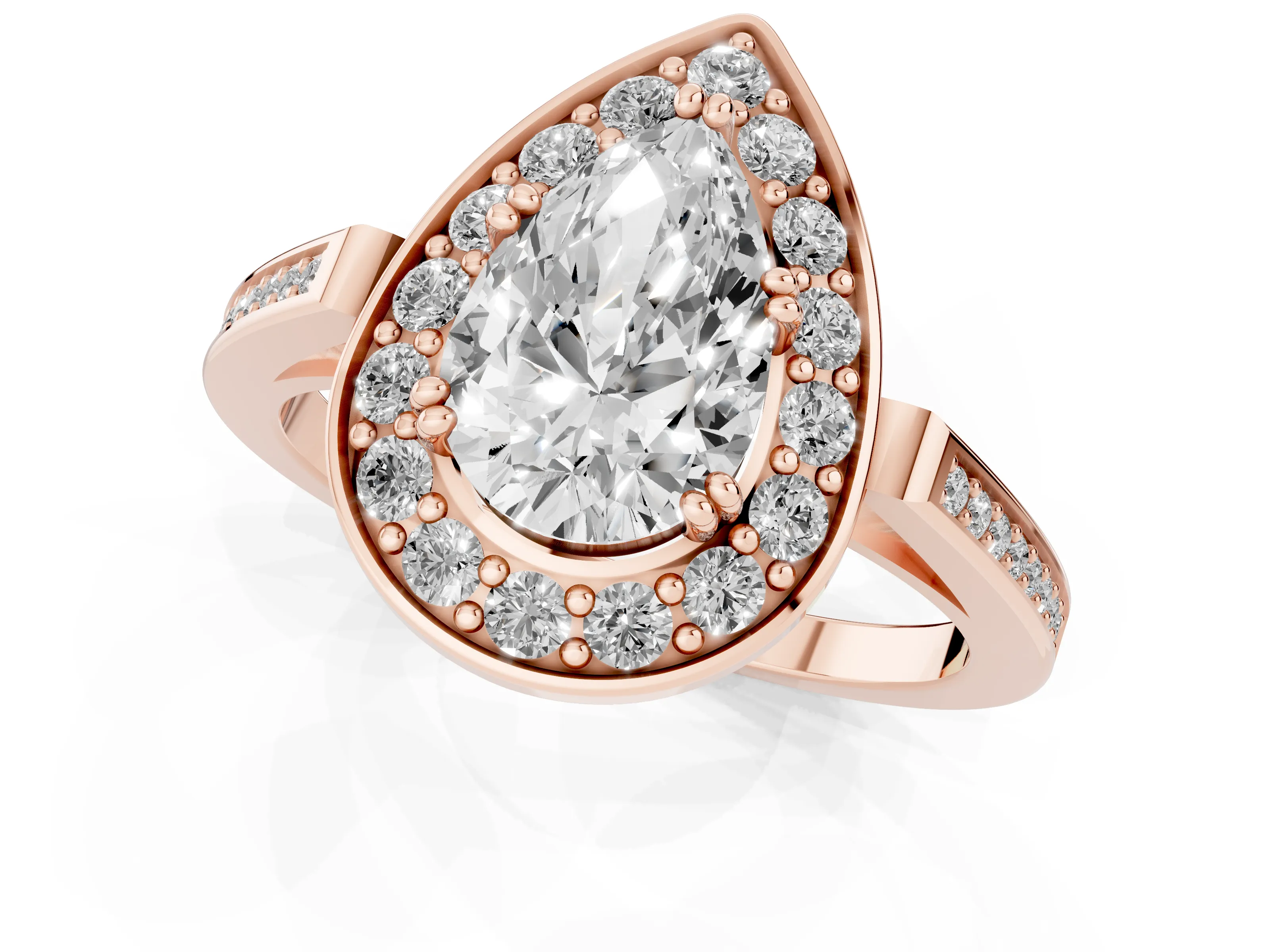 Pear Cut Diamond Halo Ring Set in Rose gold with Accent-Lined Split Shank and Prong Setting