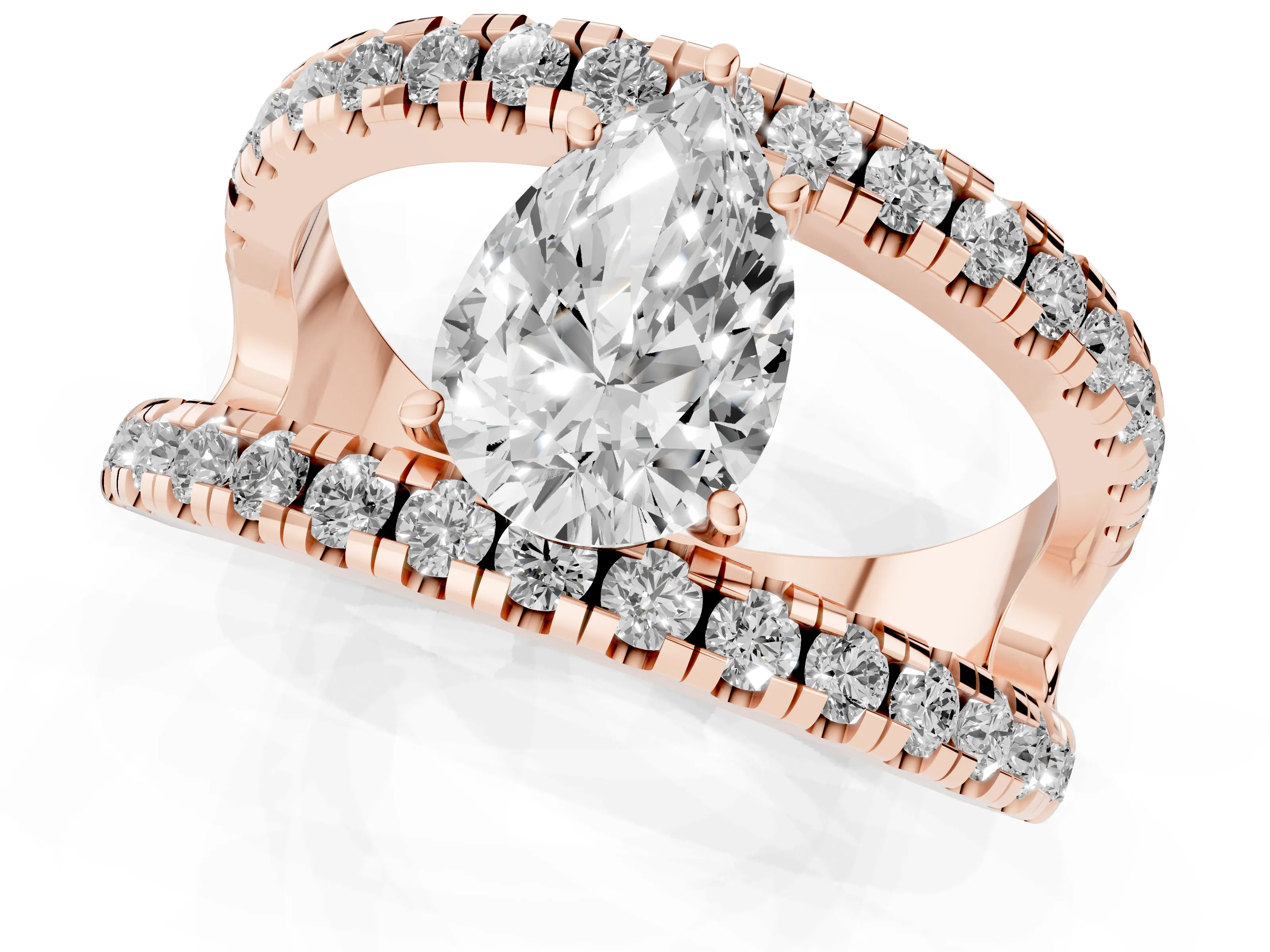 Pear Cut Diamond Split Shank Pavé Solitaire Ring Set in Rose gold with Open Shank Design