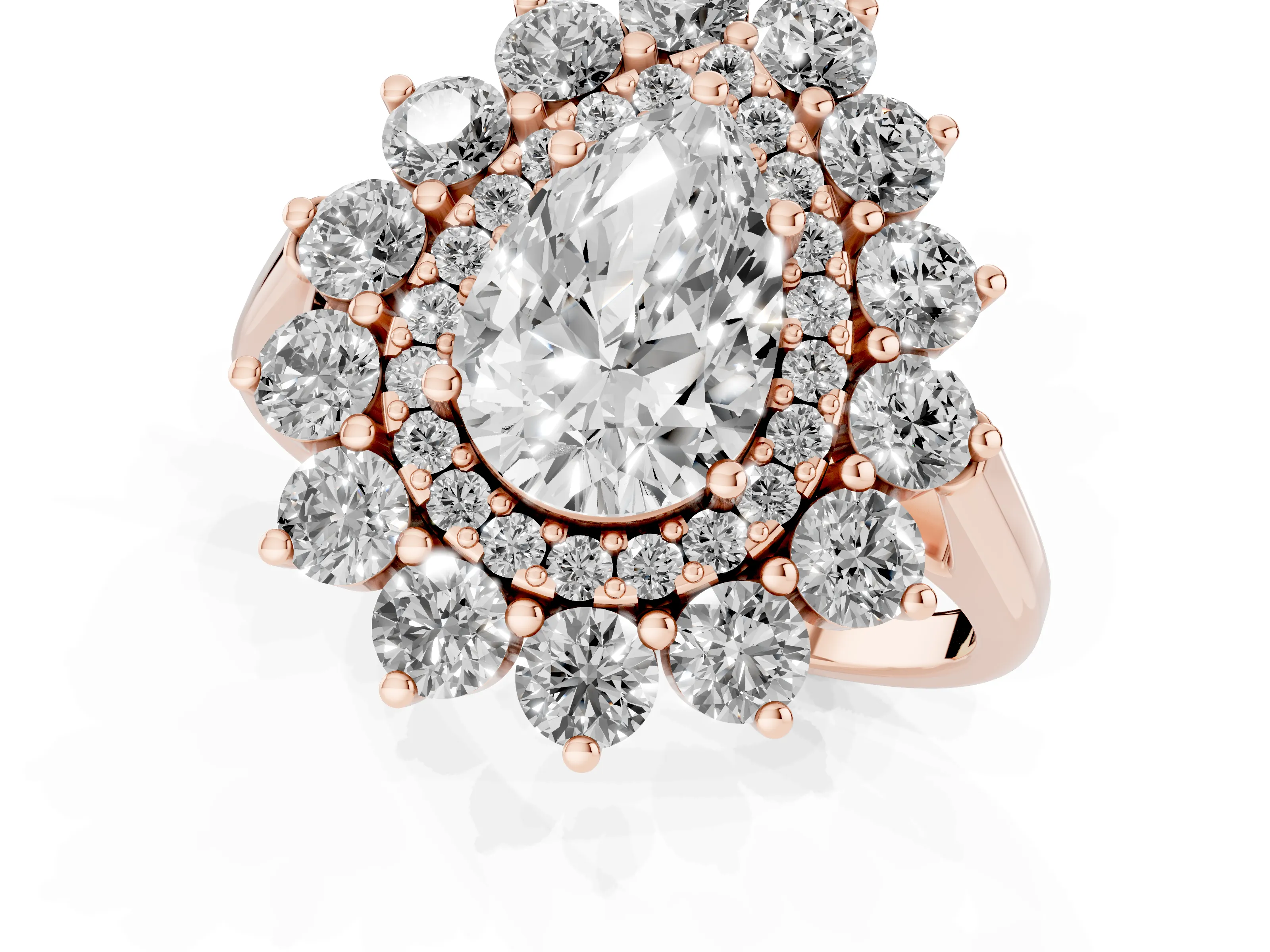 Pear Cut Diamond Floral Double Halo Ring Set in Rose gold with Round Petals