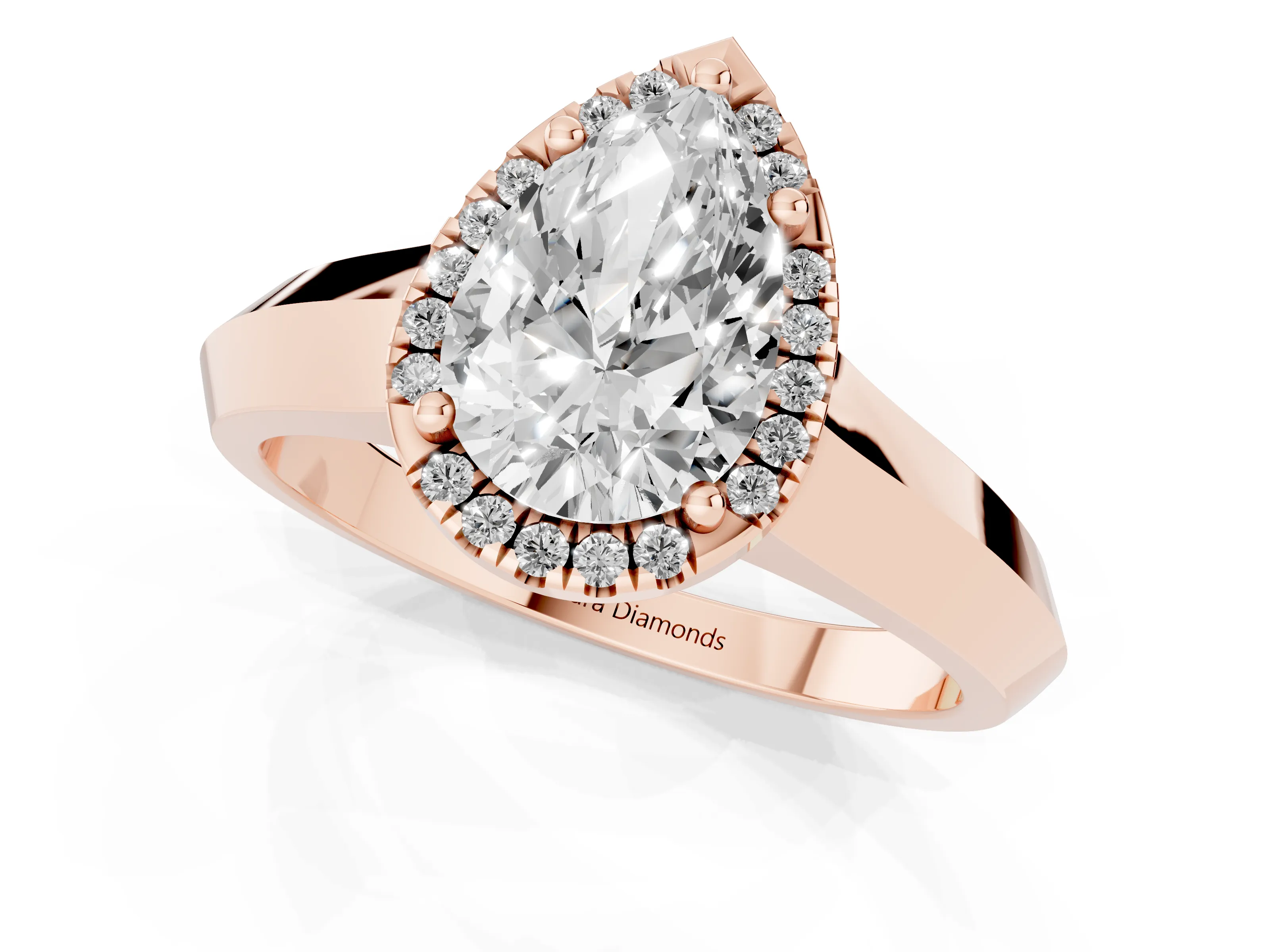 Pear Cut Diamond Halo Ring Set in Rose gold with Cathedral Band and Prong Setting