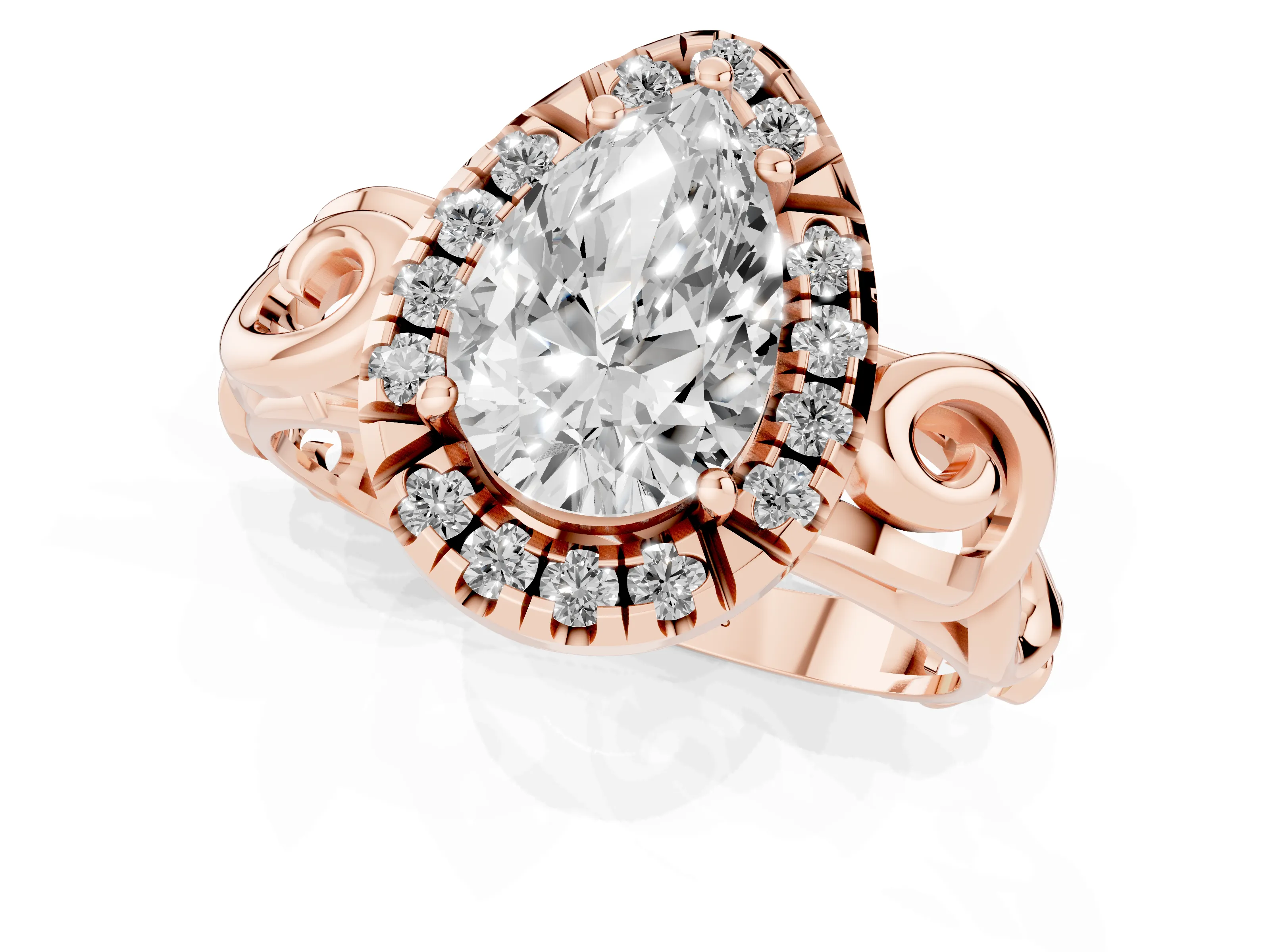 Pear Cut Diamond Halo Ring Set in Rose gold with Scrollwork Band and Prong Setting