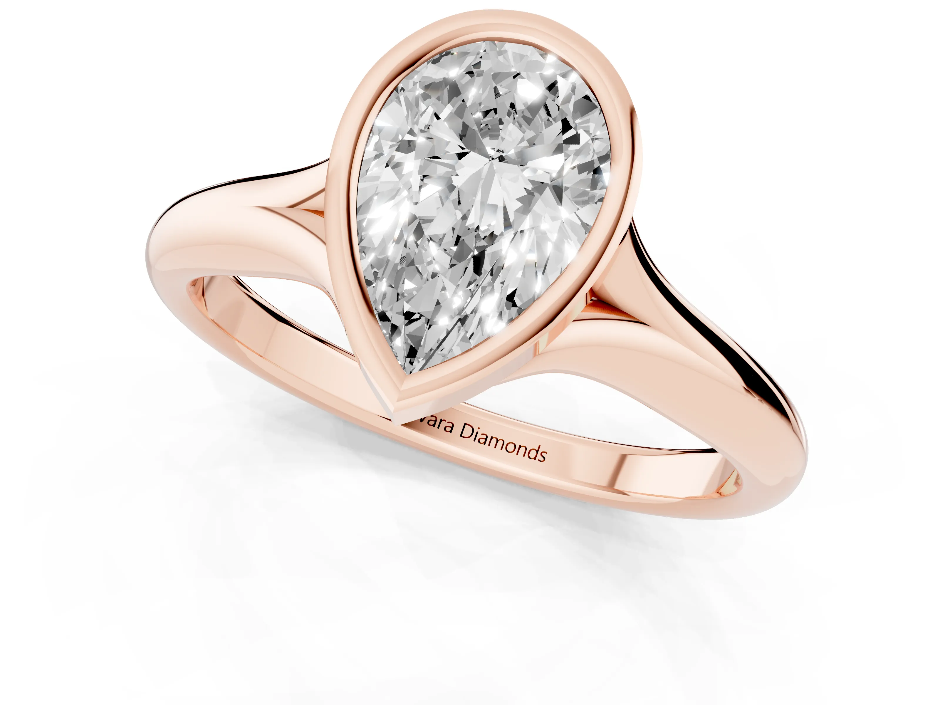 Bezel Set Pear Cut Diamond Solitaire Ring Set in Rose gold with Smooth Band