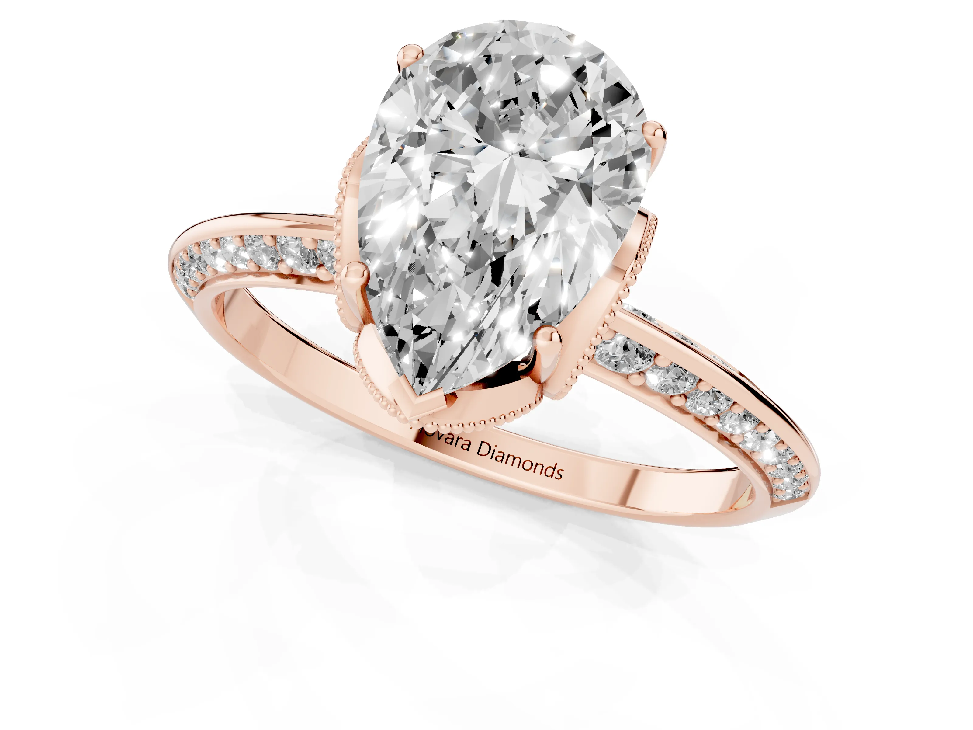 Pear Cut Diamond Solitaire Engagement Ring Set in Rose gold with Pavé Split Shank and Prong Setting