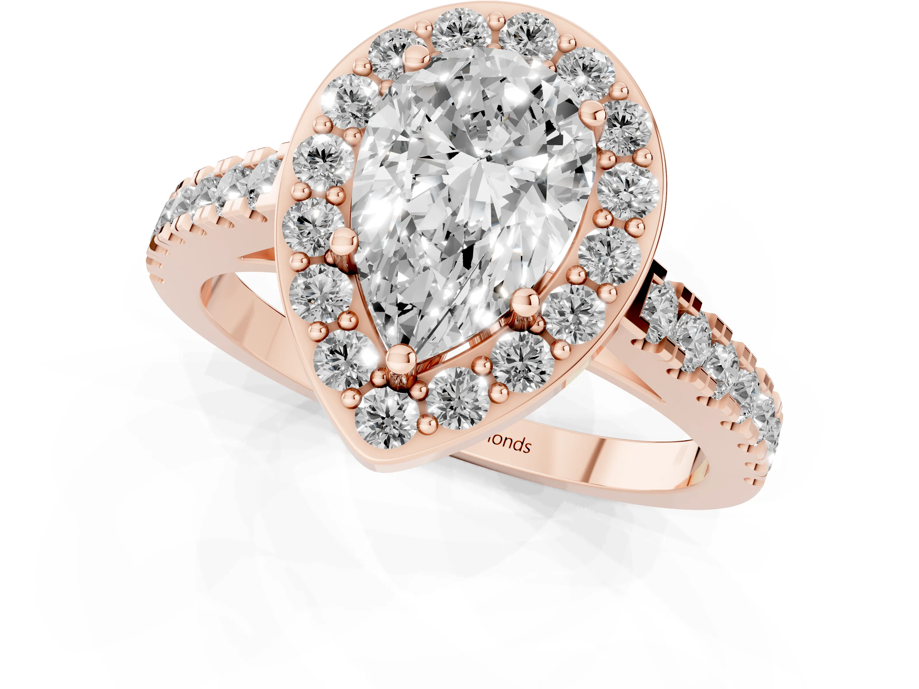 Pear Cut Diamond Halo Ring Set in Rose gold with Round Pavé Split Shank and Prong Setting