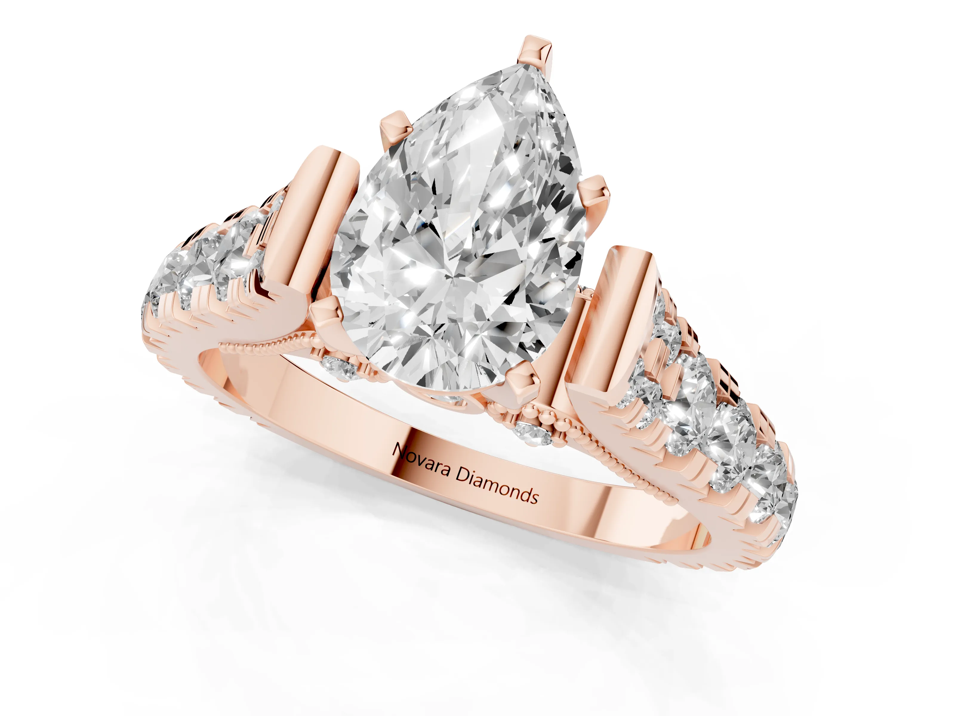 Pear Cut Diamond Classic Solitaire Ring Set in Rose gold with Pavé Band and Prong Setting