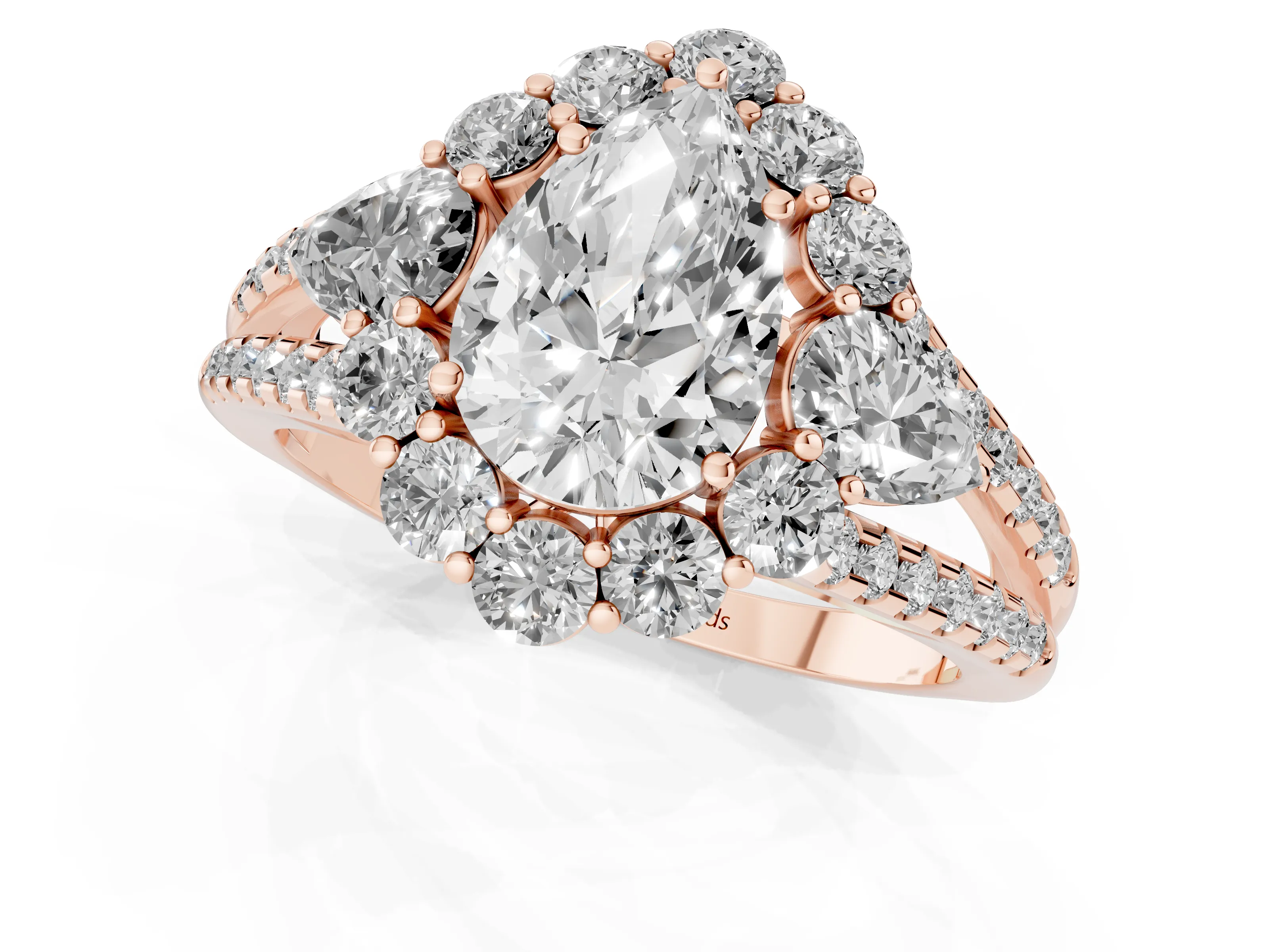 Pear Cut Diamond Halo Split Shank Engagement Ring Set in Rose gold with Prong-Held Center Stone – second view