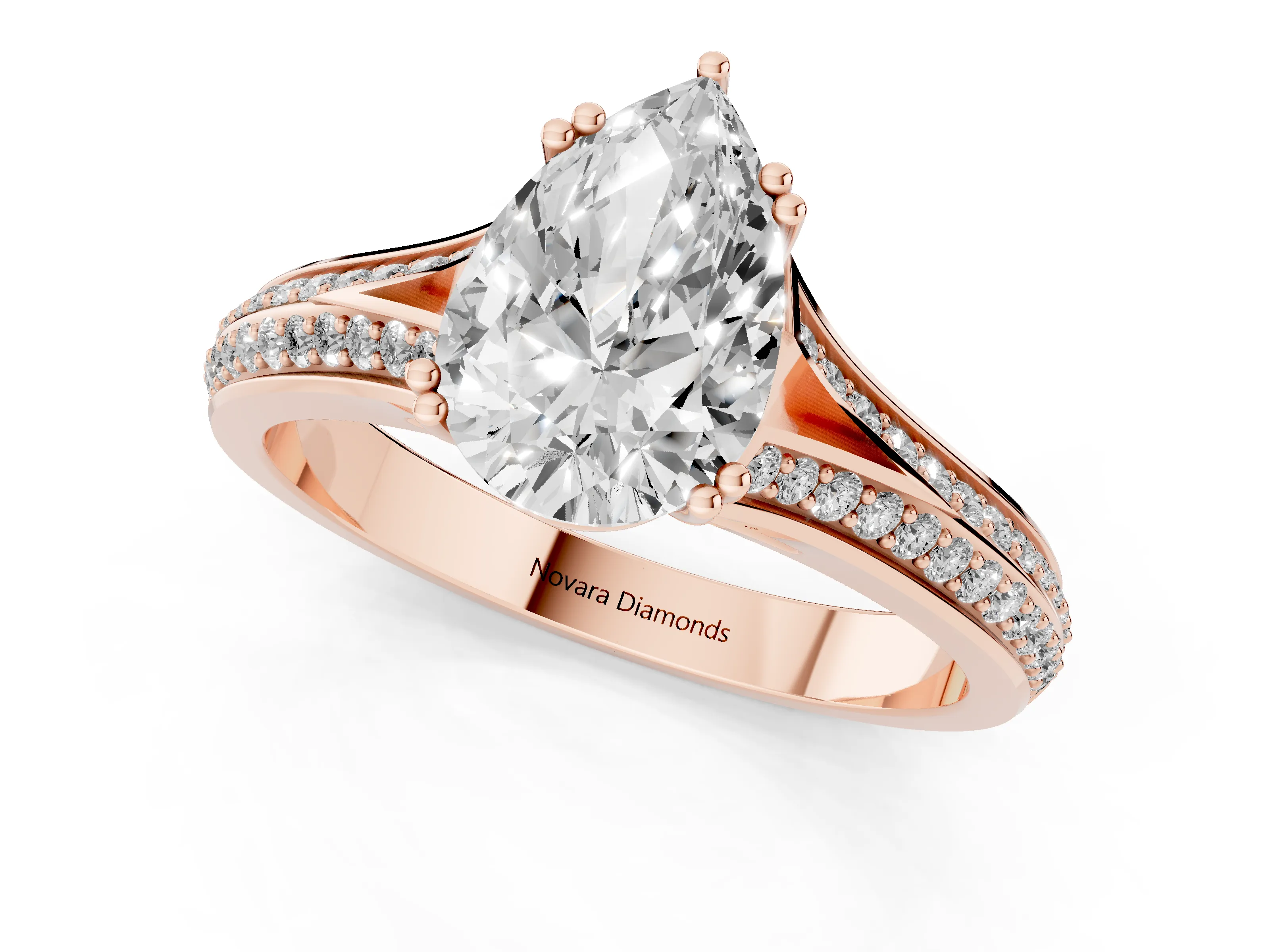 Pear Cut Diamond Split Shank Pavé Engagement Ring Set in Rose gold with Prong-Set Center Stone