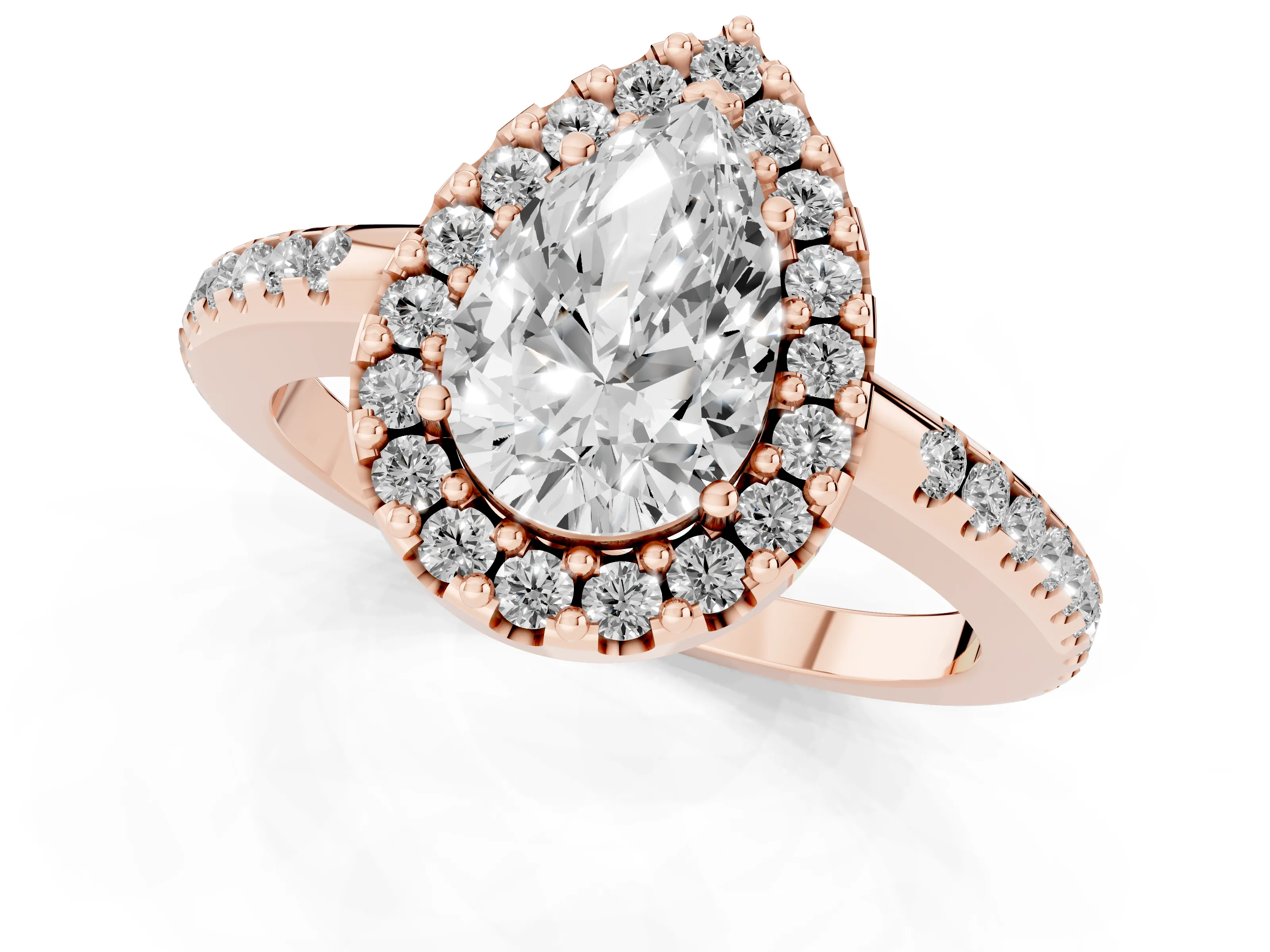 Pear Cut Diamond Pavé Halo Ring Set in Rose gold with Prong Setting