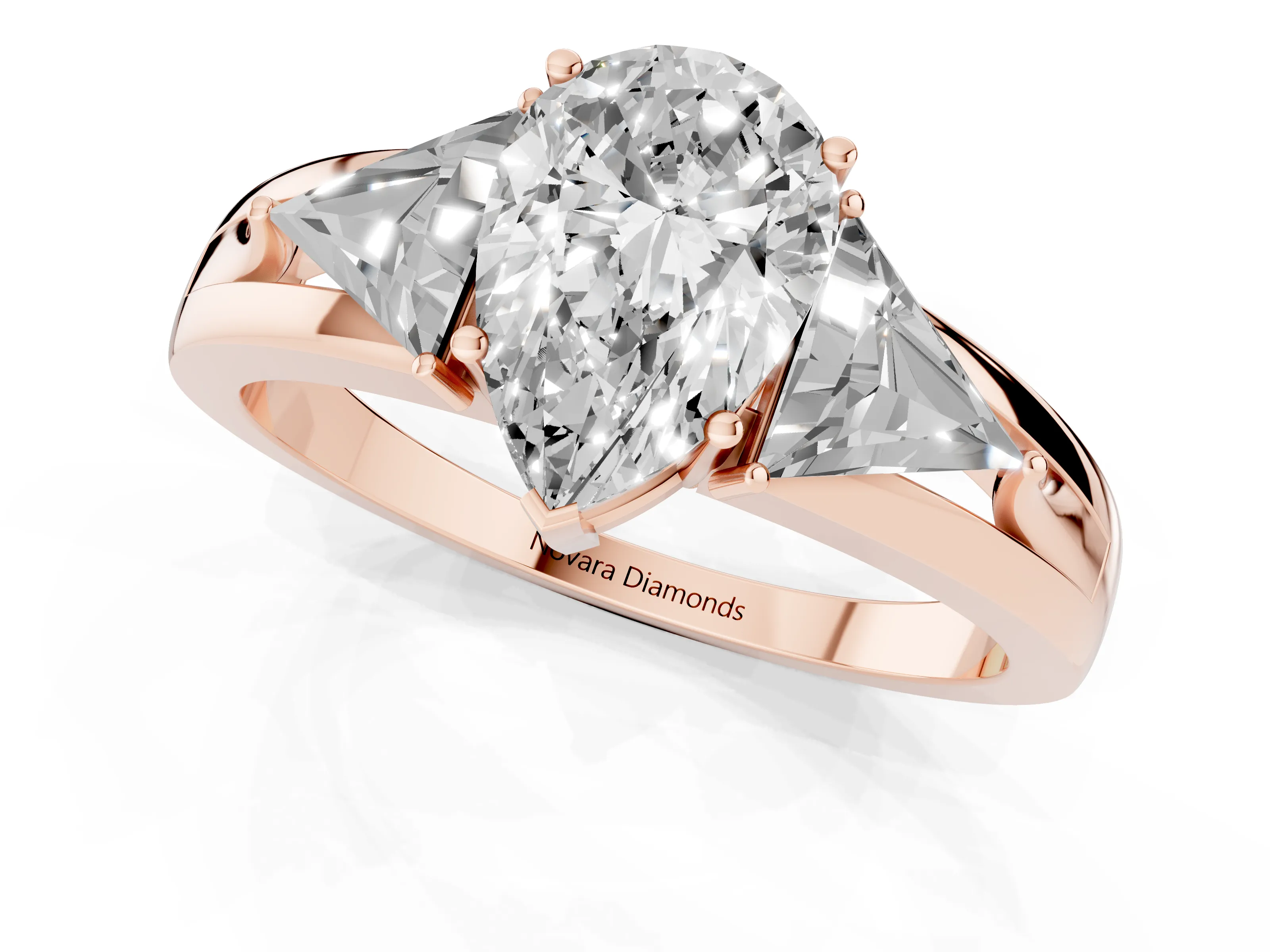 Pear Cut Diamond Three-Stone Ring Set in Rose gold with Trillion Side Stones and Split Shank