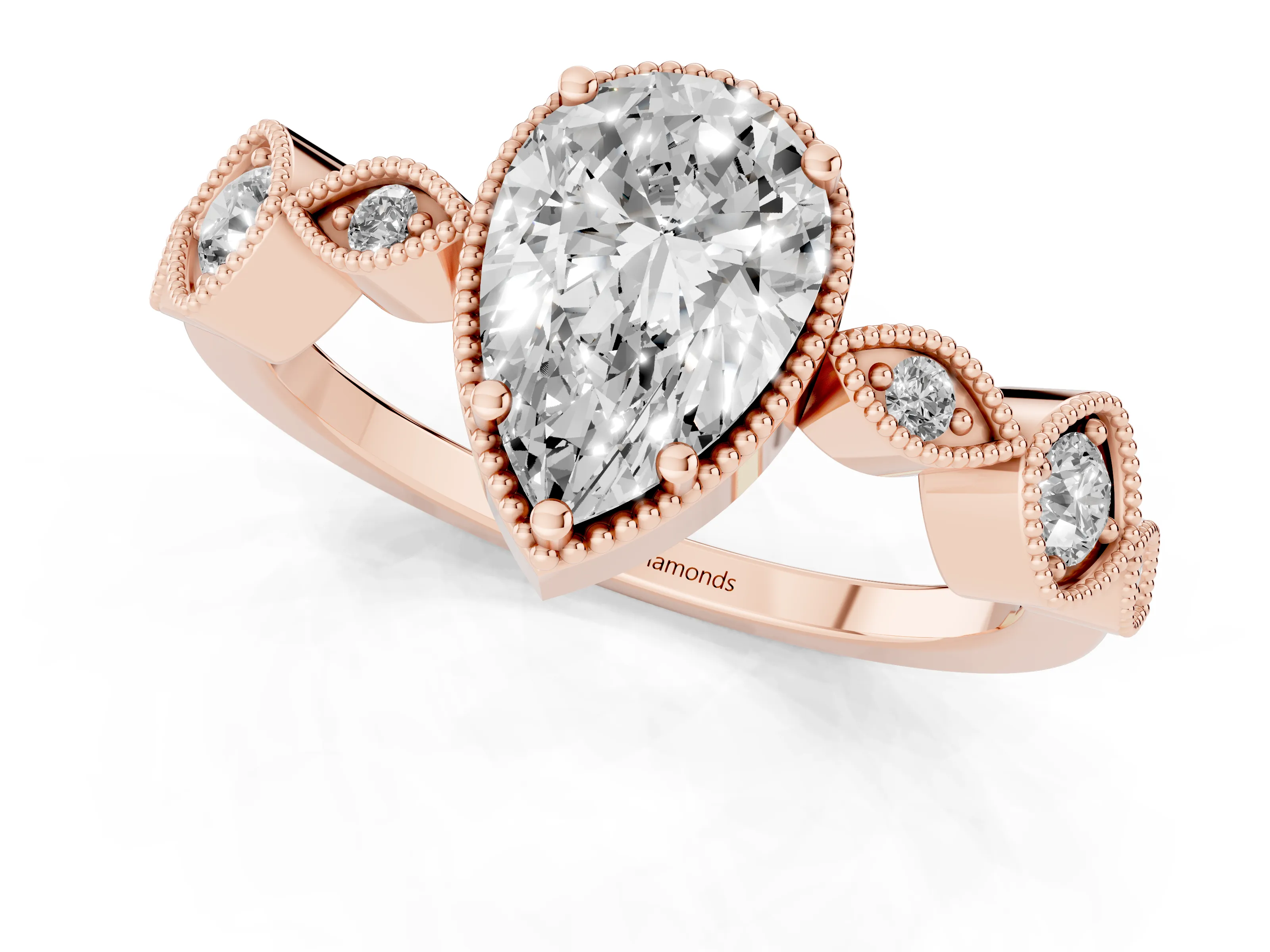 Pear Cut Diamond Vintage-Inspired Milgrain Ring Set in Rose gold with Marquise Stations of Round Accents