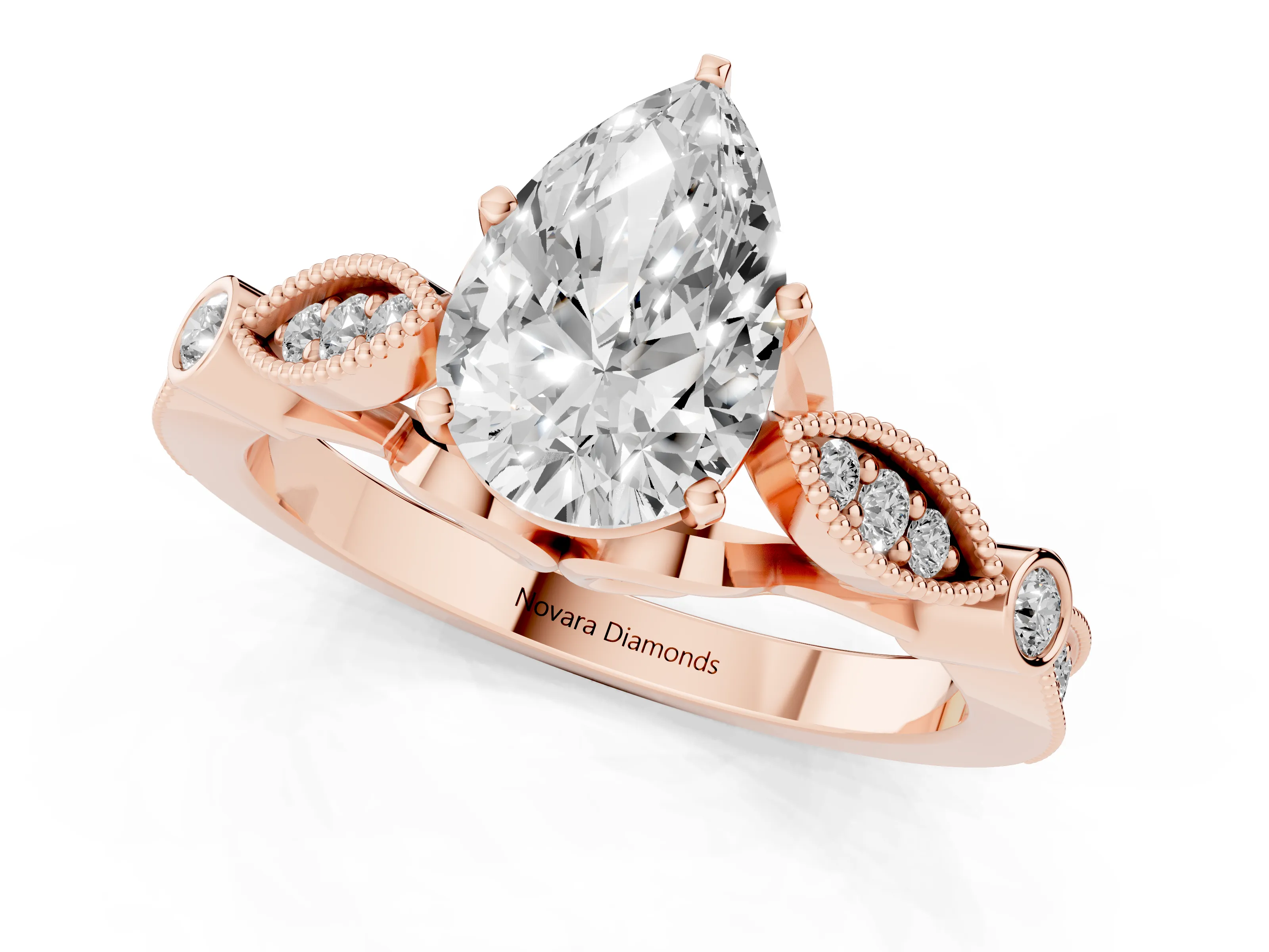 Pear Cut Diamond Solitaire Ring Set in Rose gold with Milgrain Marquise and Bezel Accents