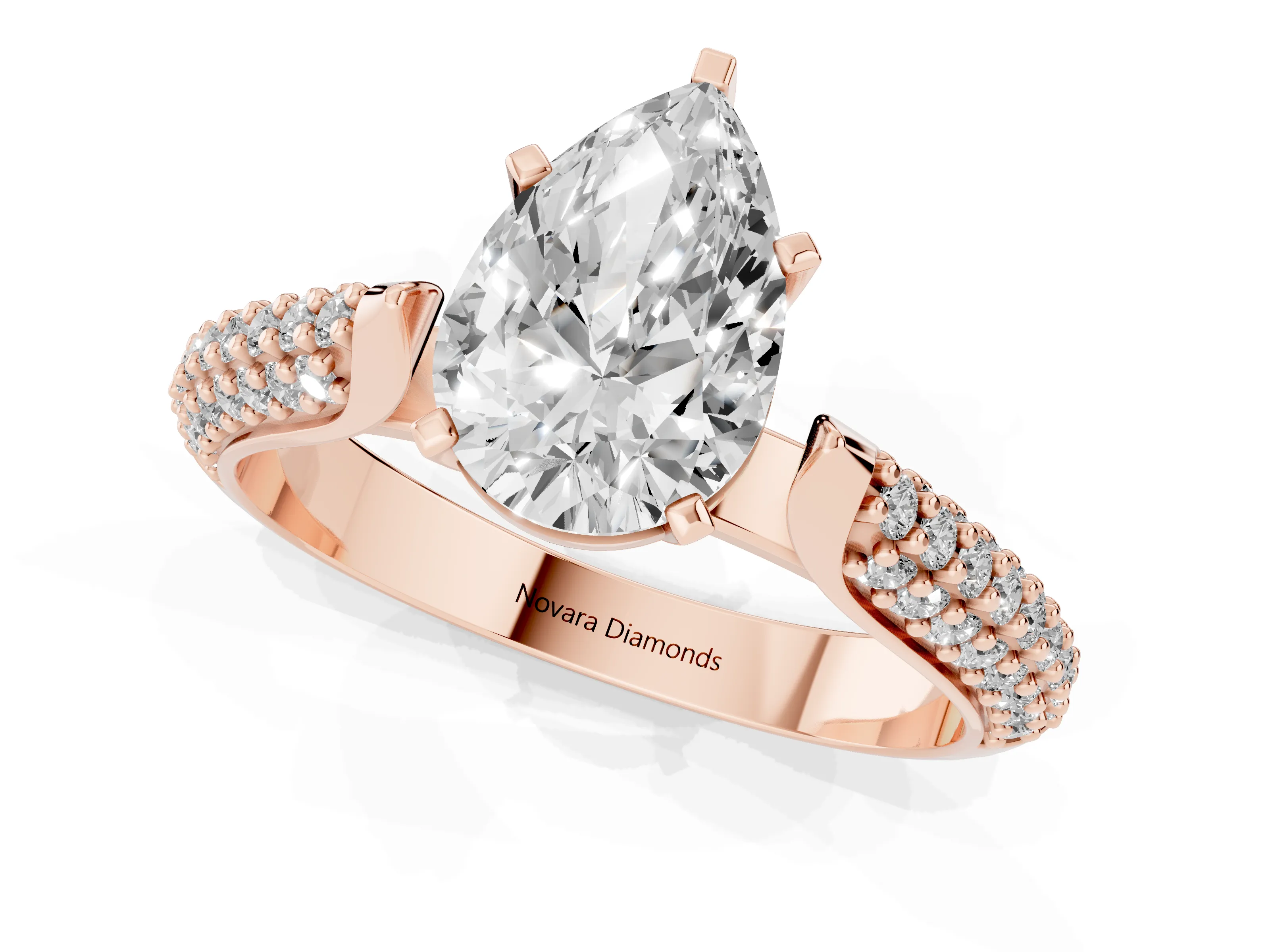Pear Cut Diamond Solitaire Engagement Ring Set in Rose gold with Multi-Row Round Pavé Band and Prong Setting