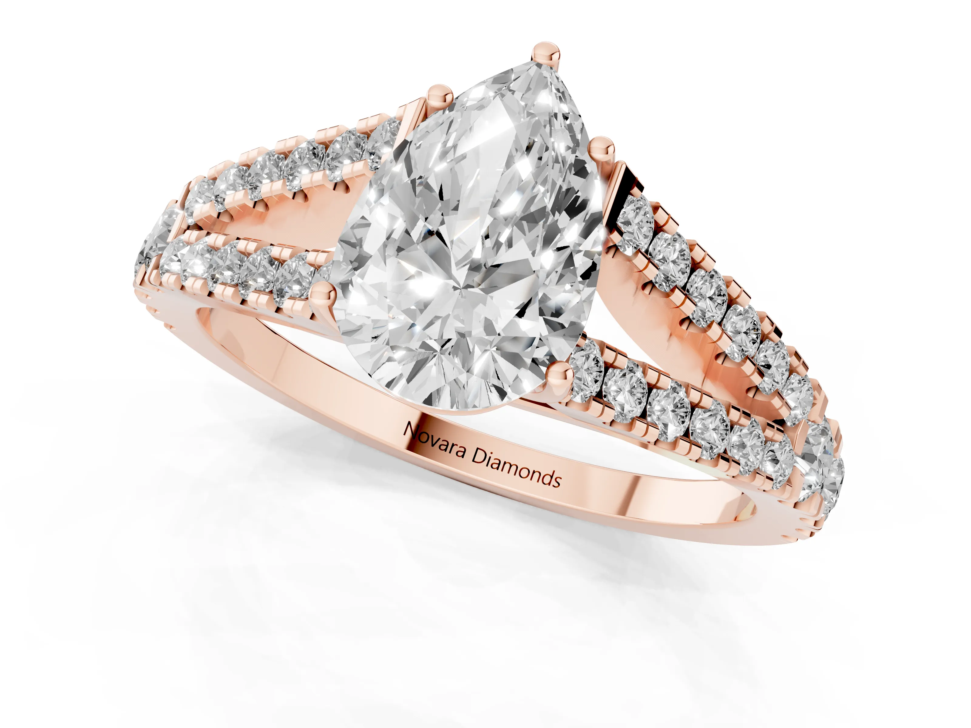 Pear Cut Diamond Split Shank Pavé Engagement Ring Set in Rose gold with Prong-Held Center Stone