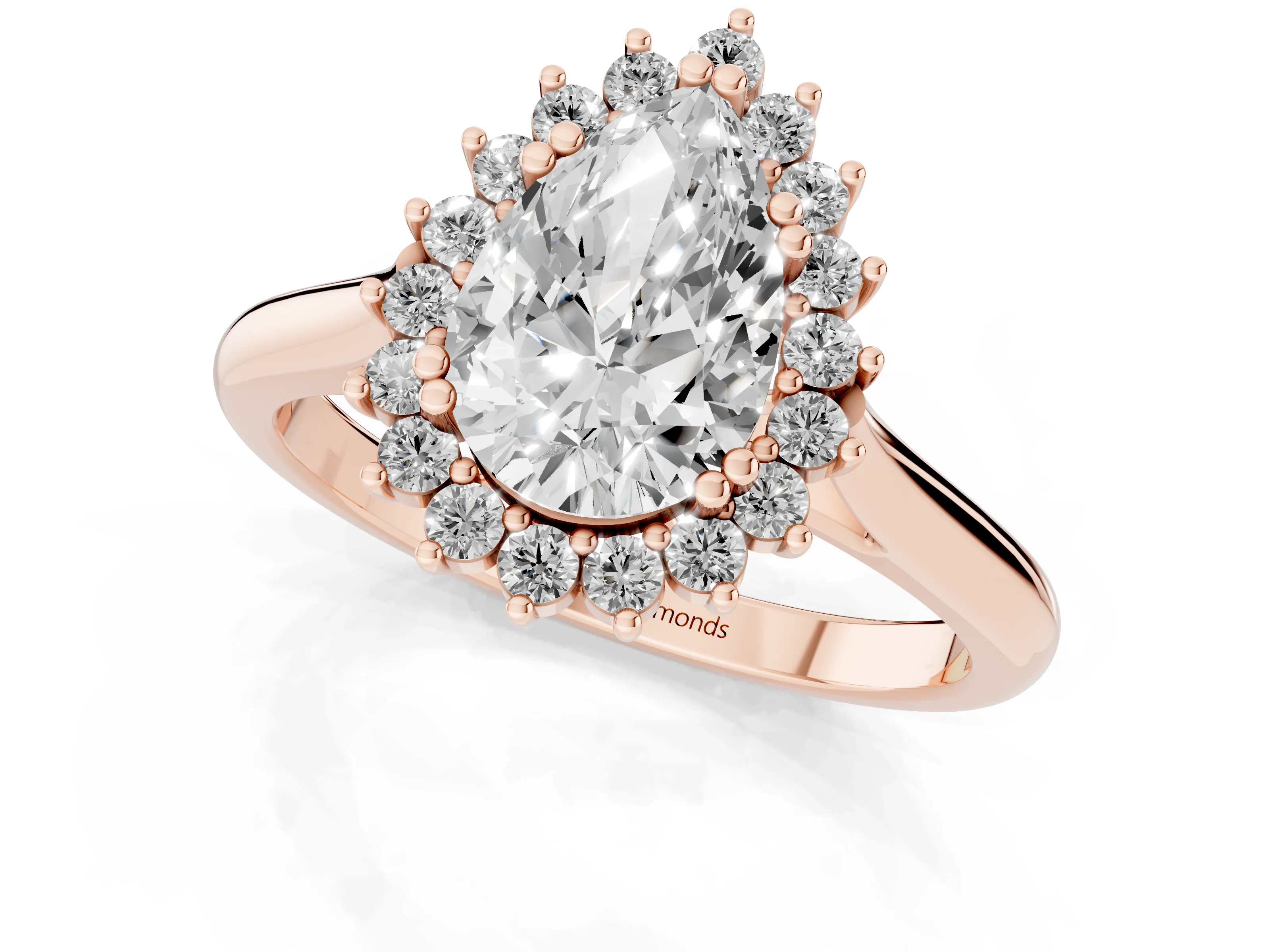 Pear Cut Diamond Halo Ring Set in Rose gold with Plain Solitaire Band and Prong Setting