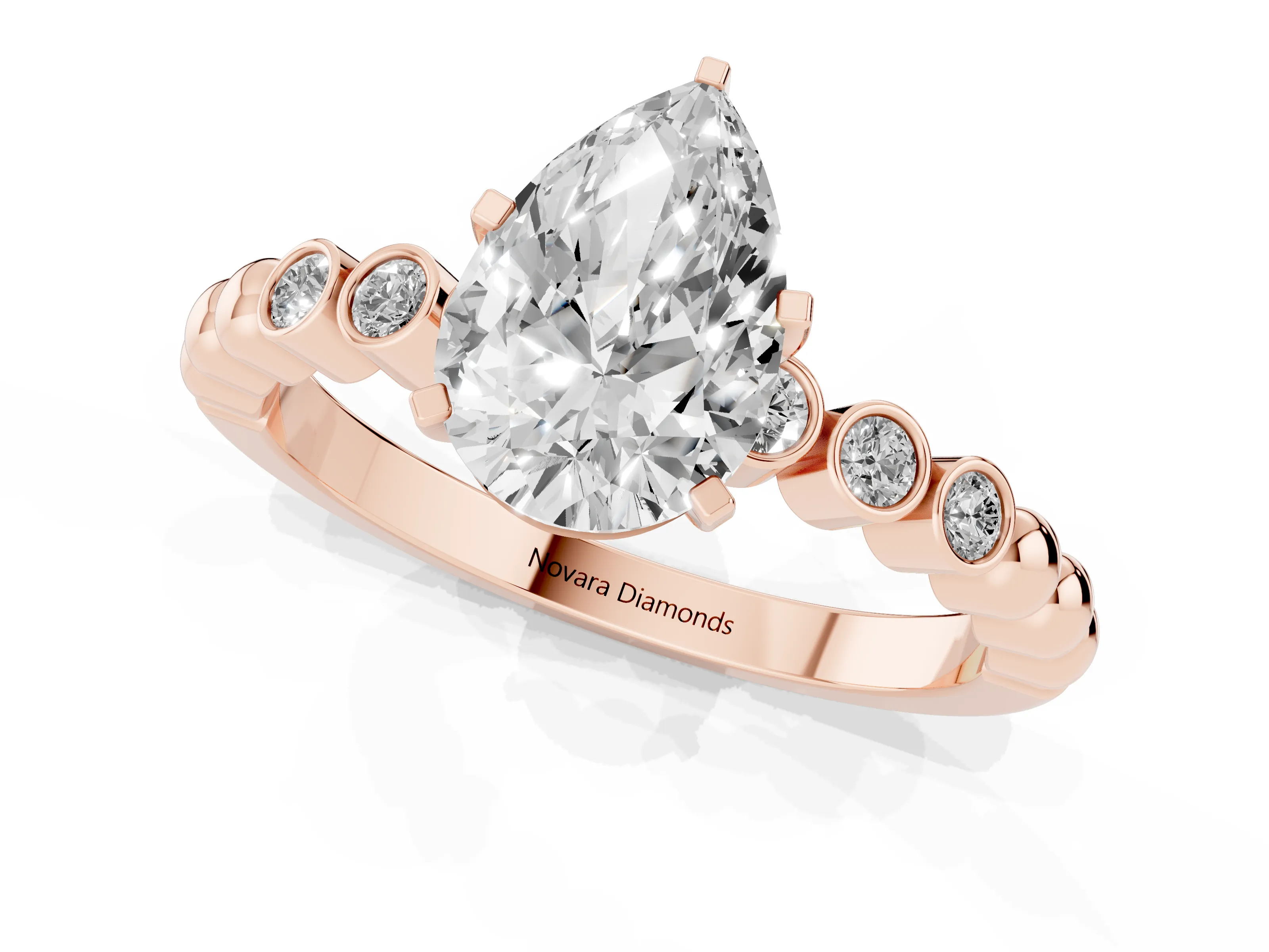 Pear Cut Diamond Solitaire Engagement Ring Set in Rose gold with Bezel Accents on Beaded Band – second view