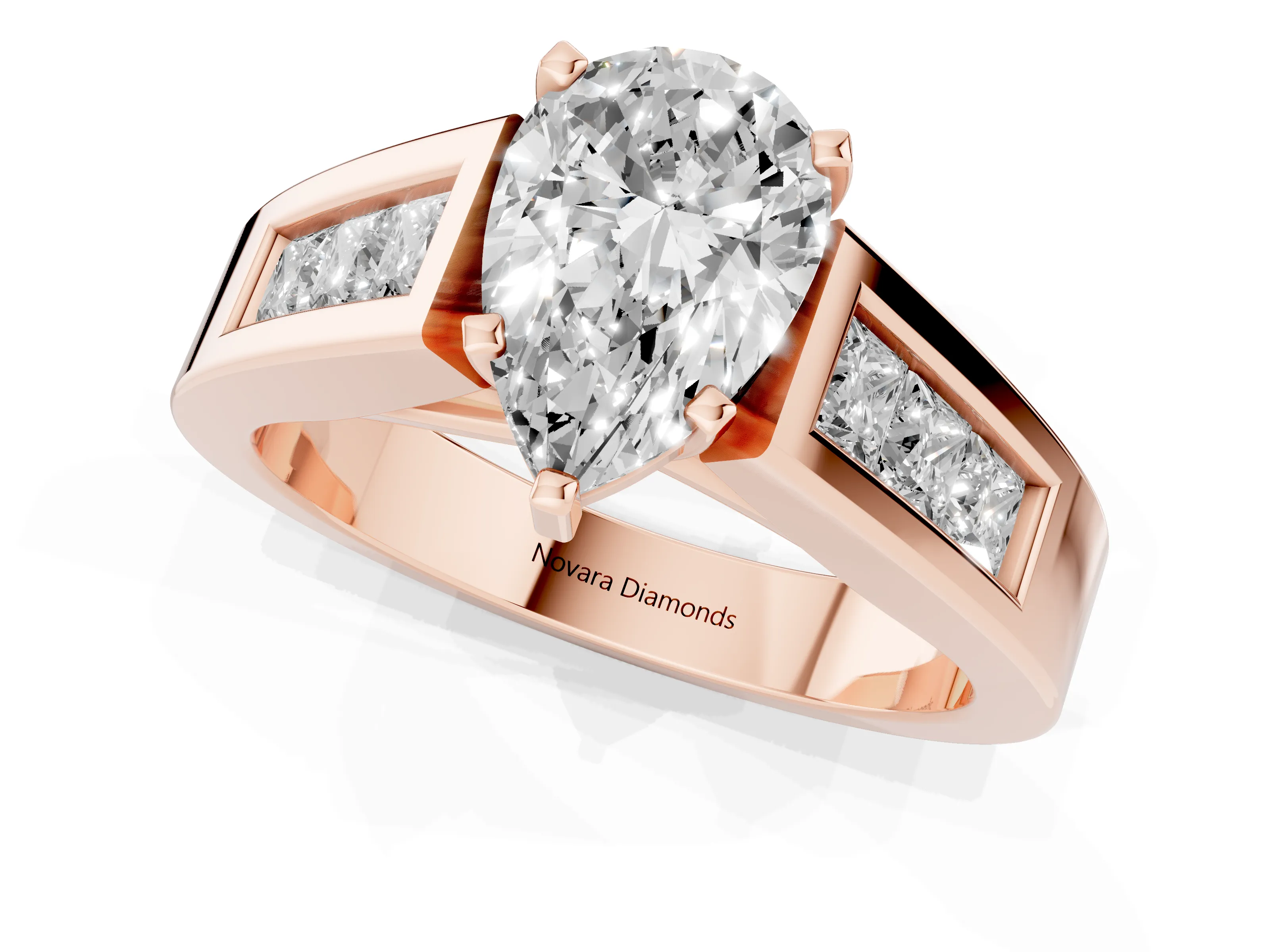 Pear Cut Diamond Solitaire Ring Set in Rose gold with Channel-Set Accent Stones and Prong Setting
