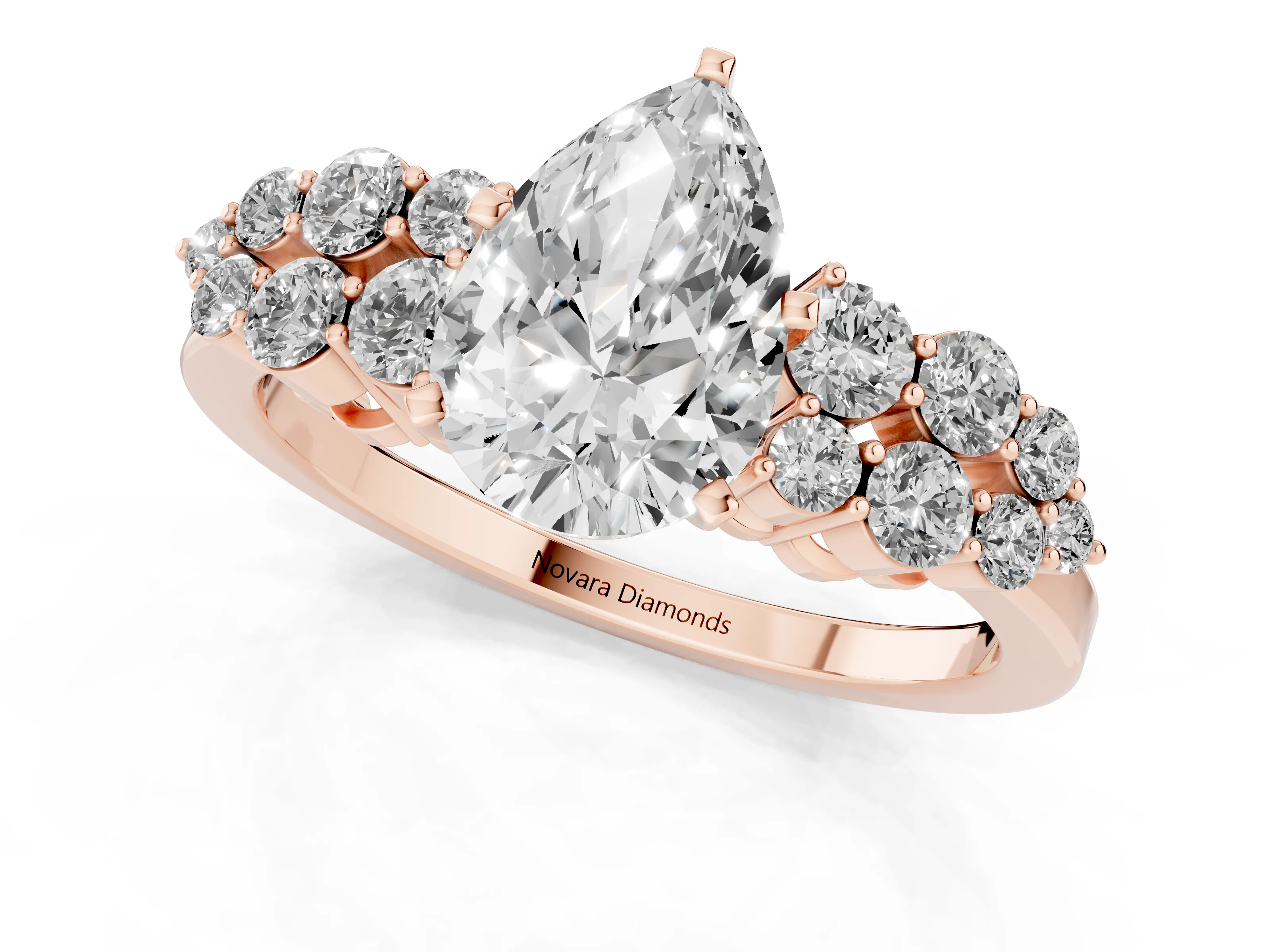 Pear Cut Diamond Cluster Engagement Ring Set in Rose gold with Pavé Band and Prong Setting