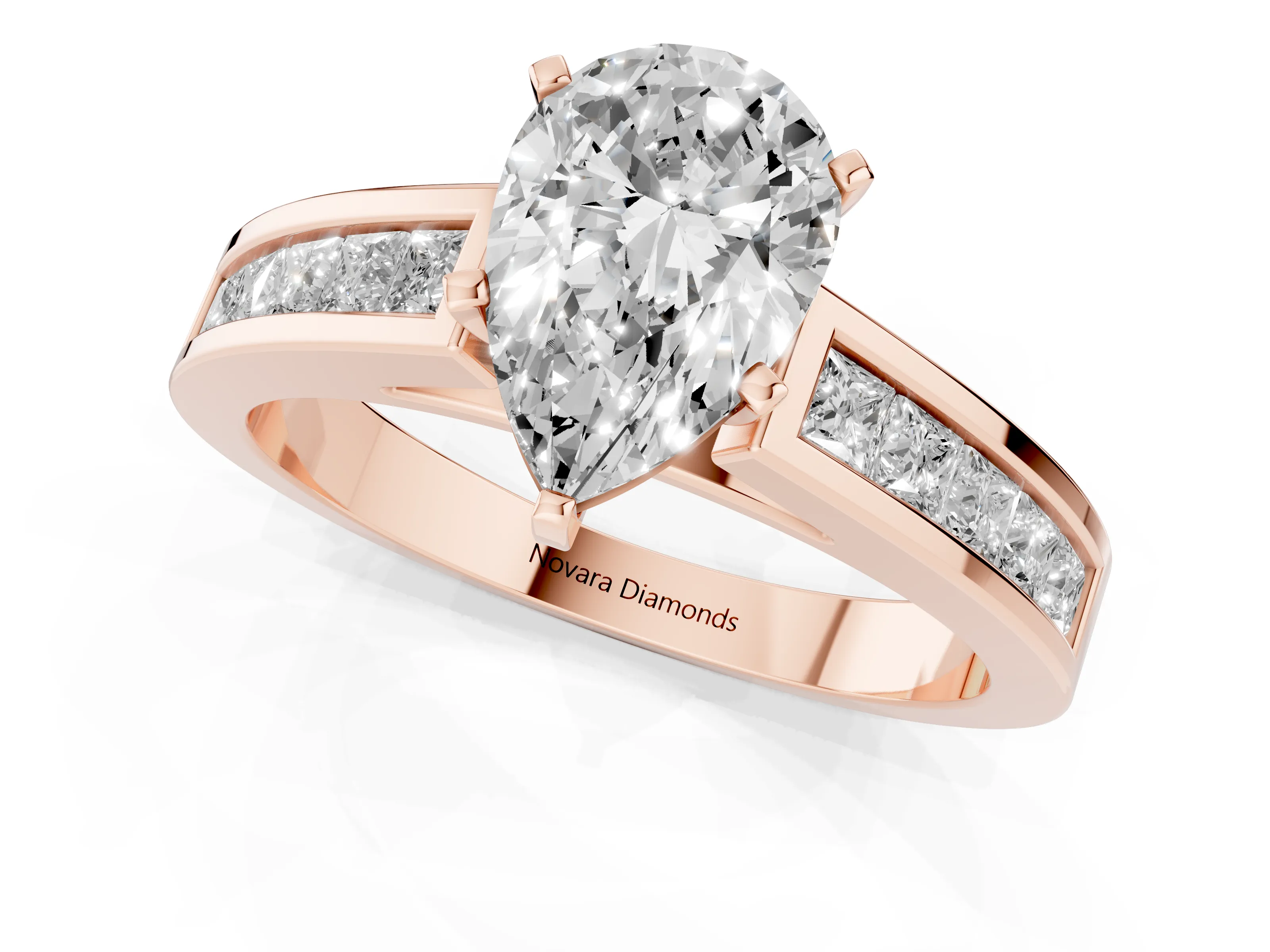 Pear Cut Diamond Solitaire Ring Set in Rose gold with Channel-Set Band and Prong Setting