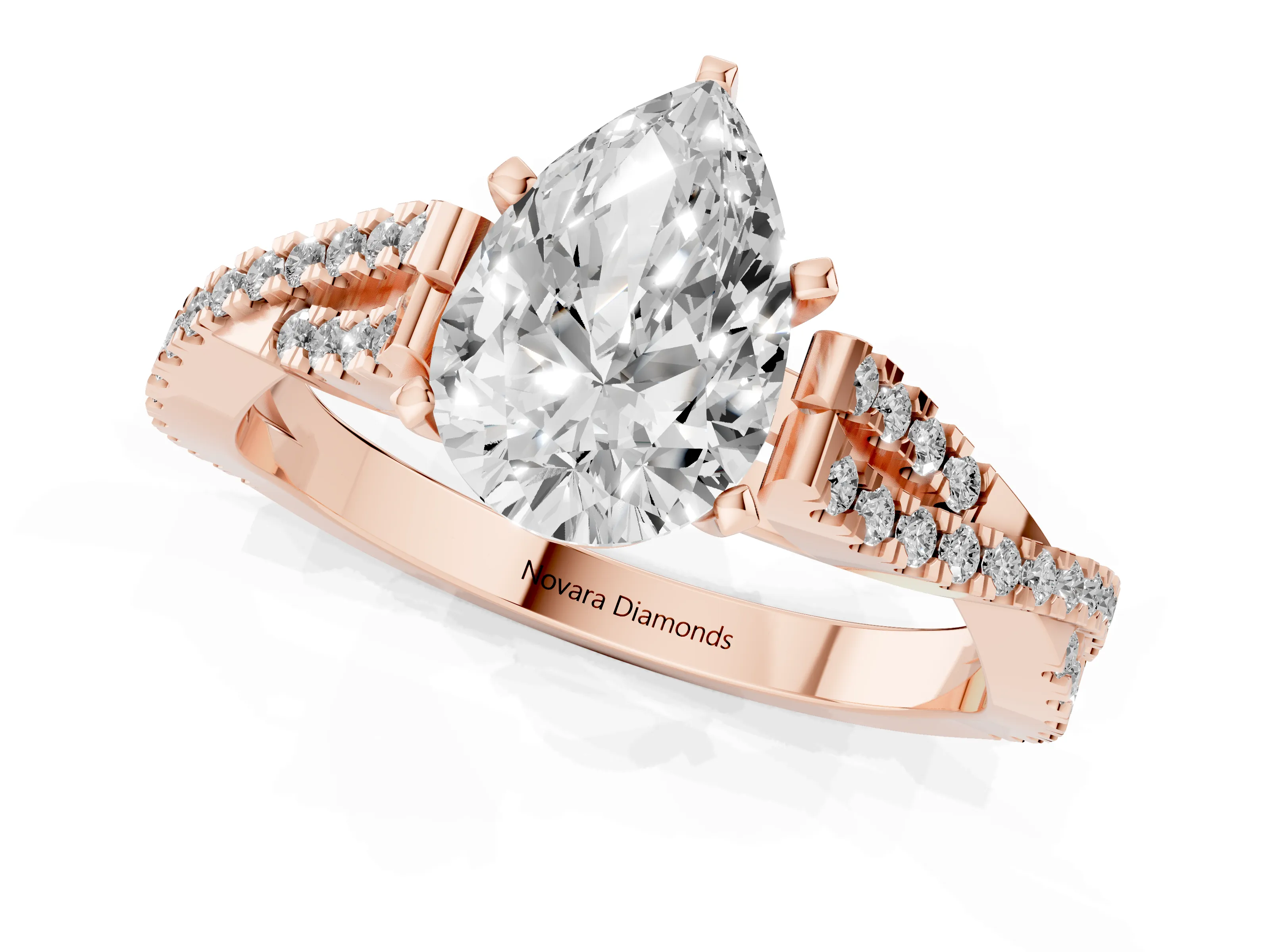 Pear Cut Diamond Solitaire Engagement Ring Set in Rose gold with Twisted Pavé Band and Prong Setting