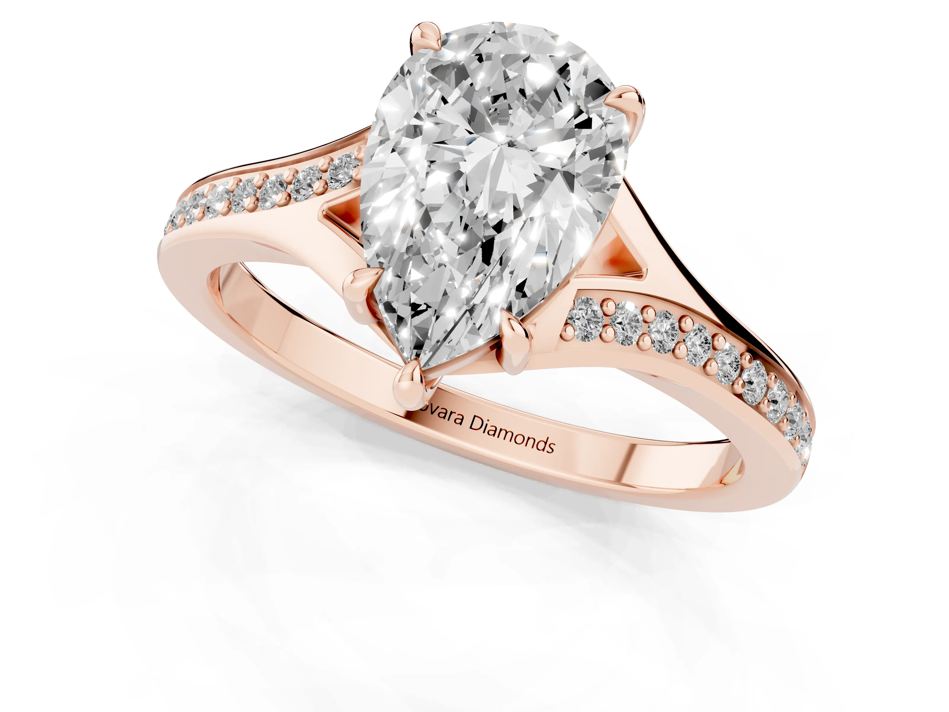 Pear Cut Diamond Solitaire Ring Set in Rose gold with Pavé Accent Band and Classic Prong Setting