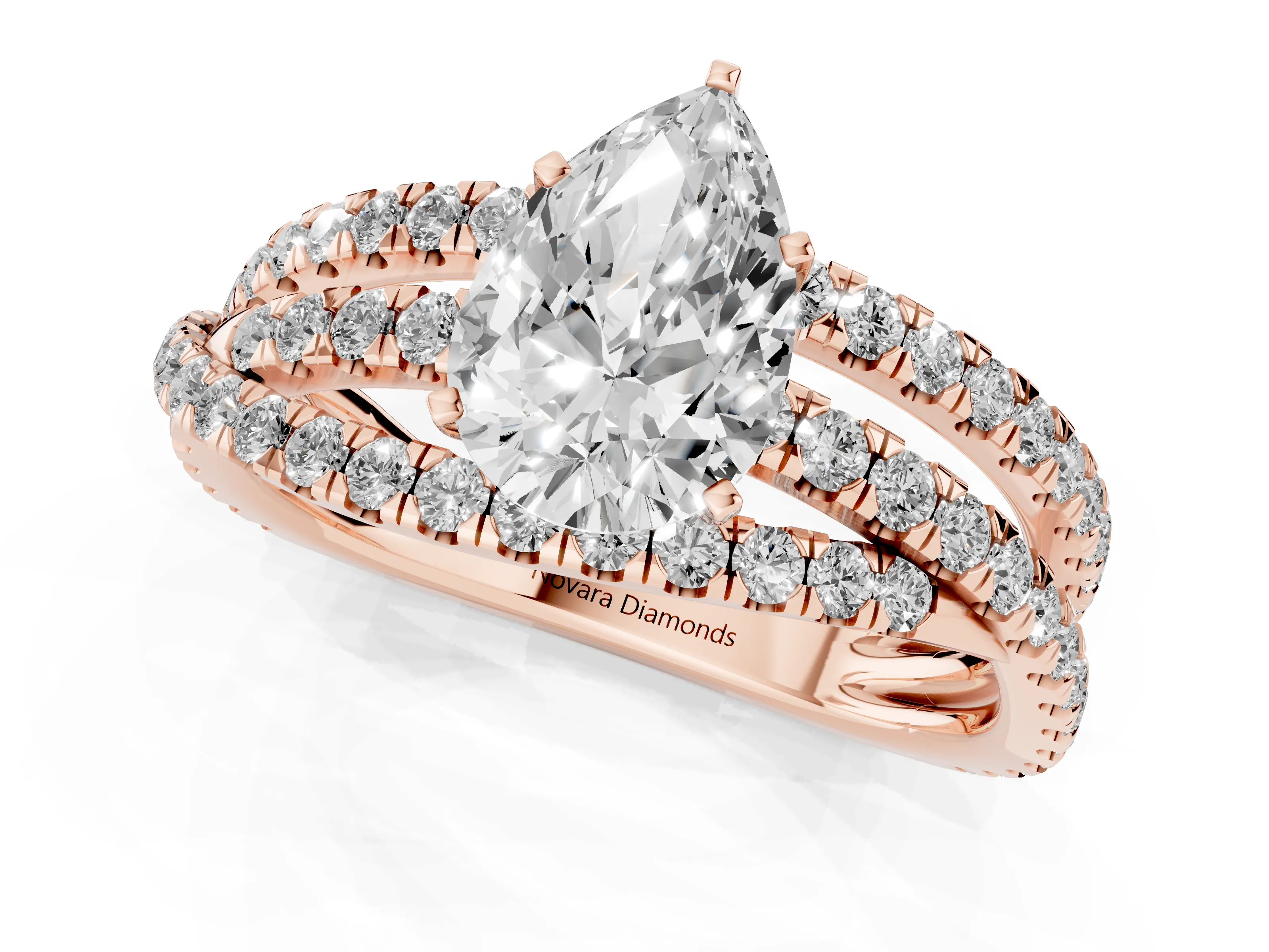 Pear Cut Diamond Solitaire Twist Band Ring Set in Rose gold with Pavé Setting and Prong Head