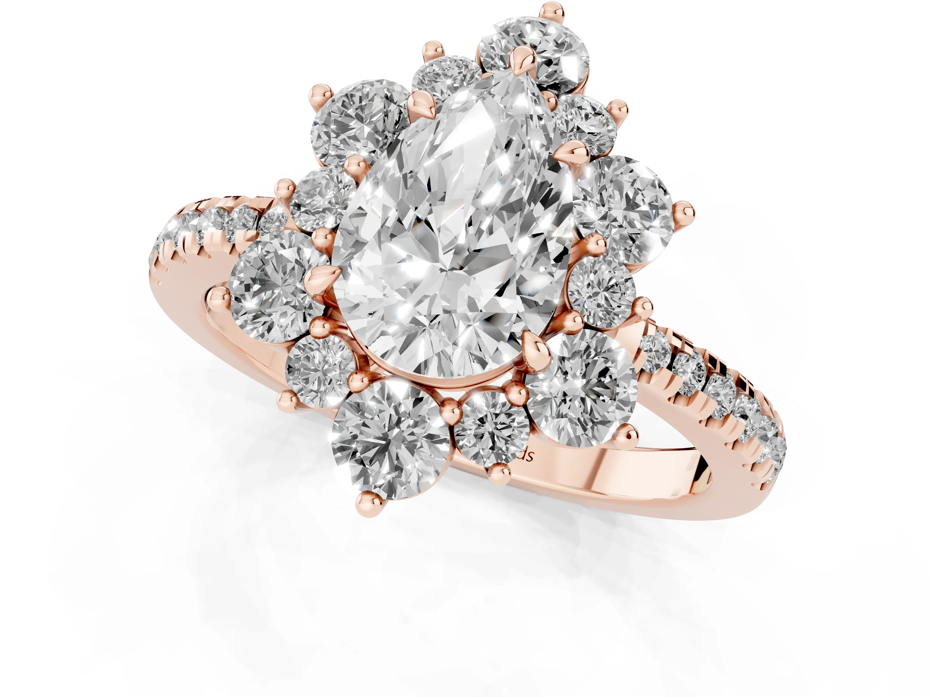 Pear Cut Diamond Floral Halo Ring Set in Rose gold with Round Pavé Band and Prong Setting