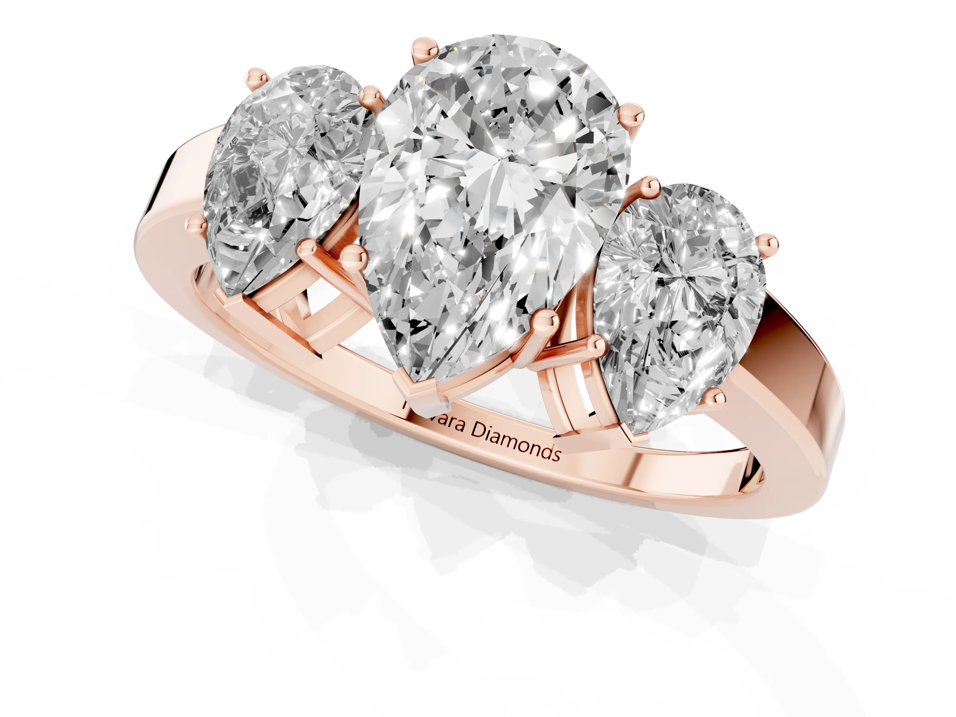 Pear Cut Diamond Three-Stone Engagement Ring Set in Rose gold with Flat Band