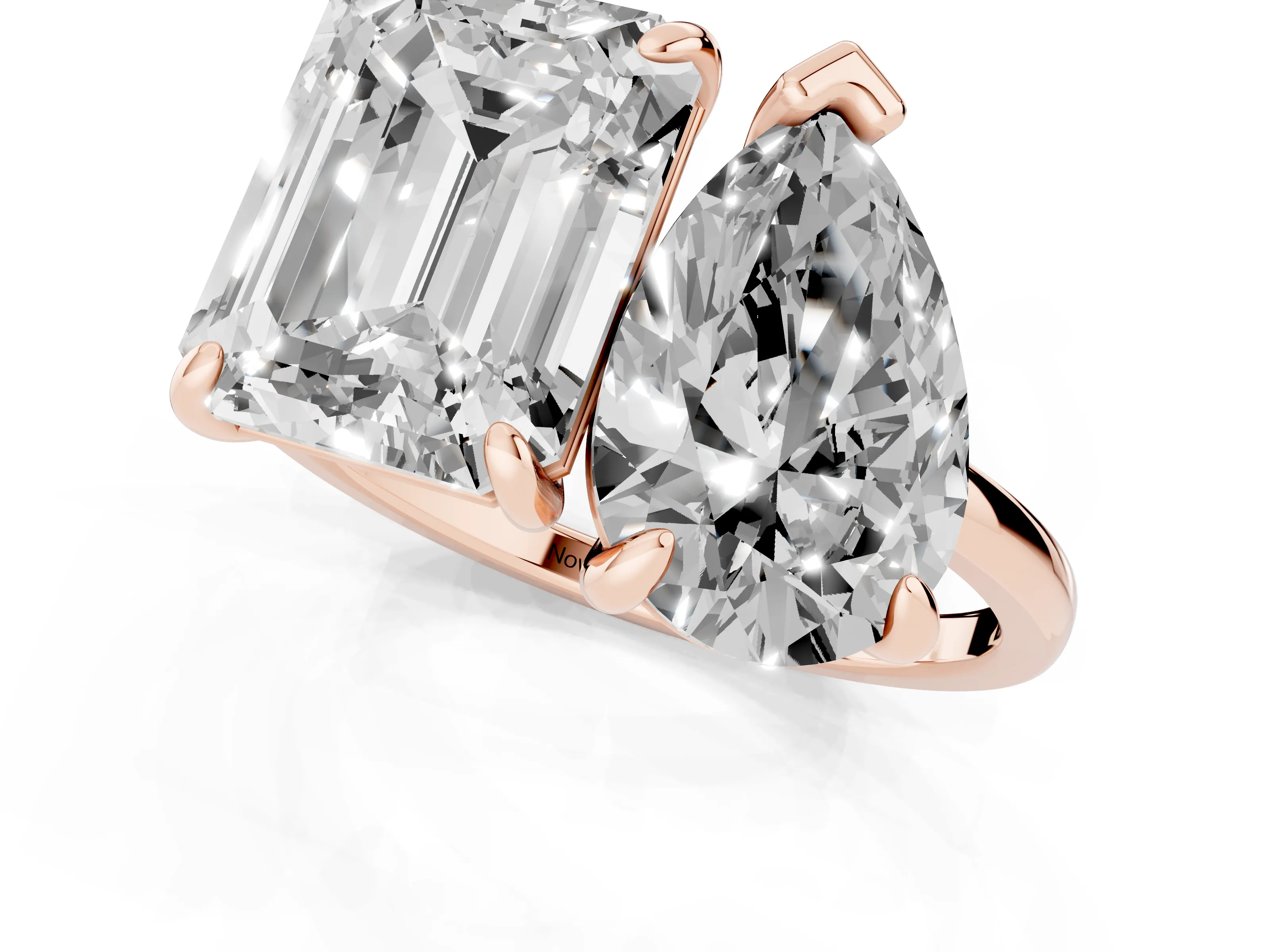 Pear and Emerald Toi Moi Ring Set in Rose gold with Prong Setting and Plain Band – second view
