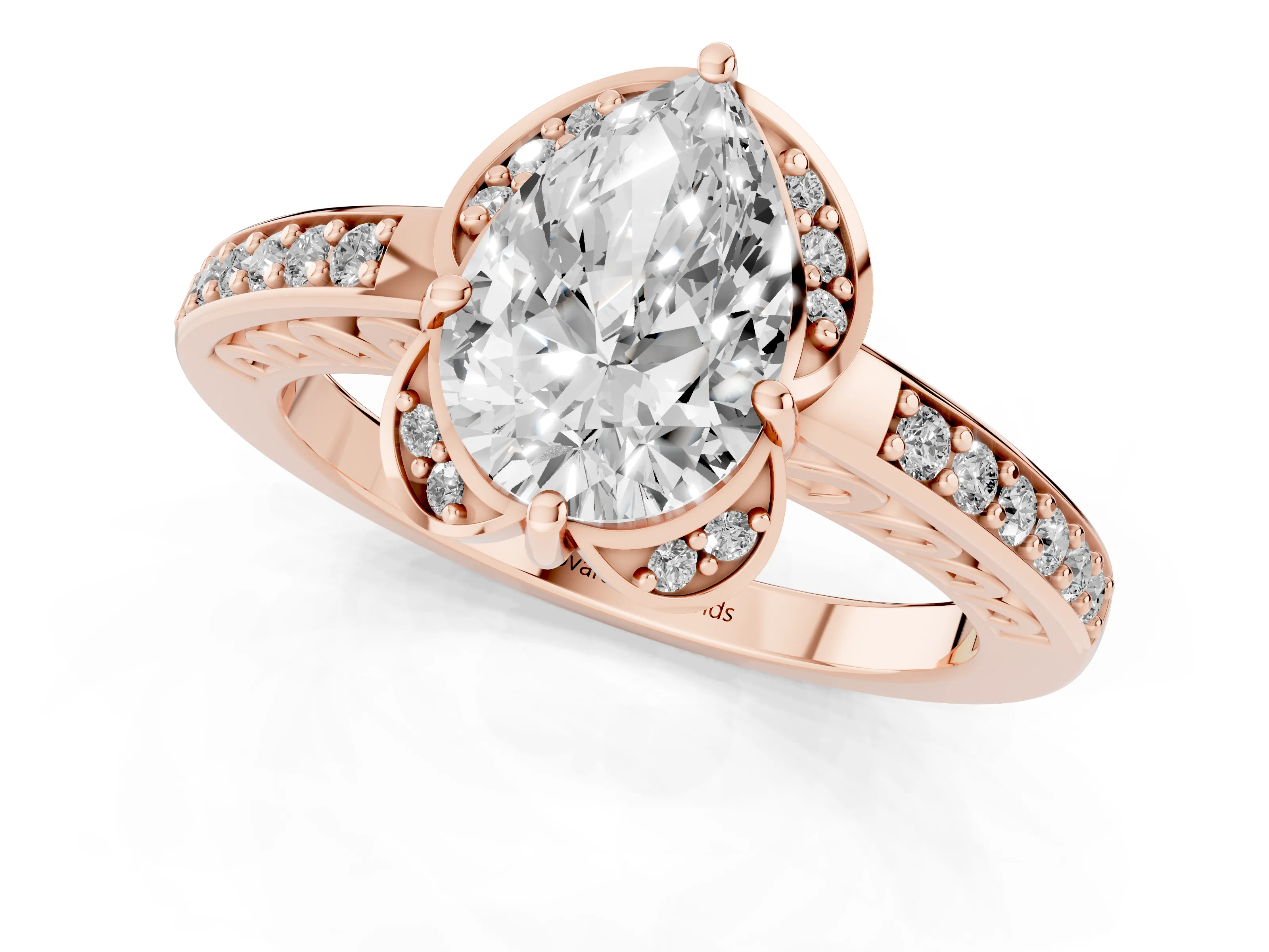 Pear Cut Diamond Halo Ring Set in Rose gold with Channel Set Band and Prong Setting