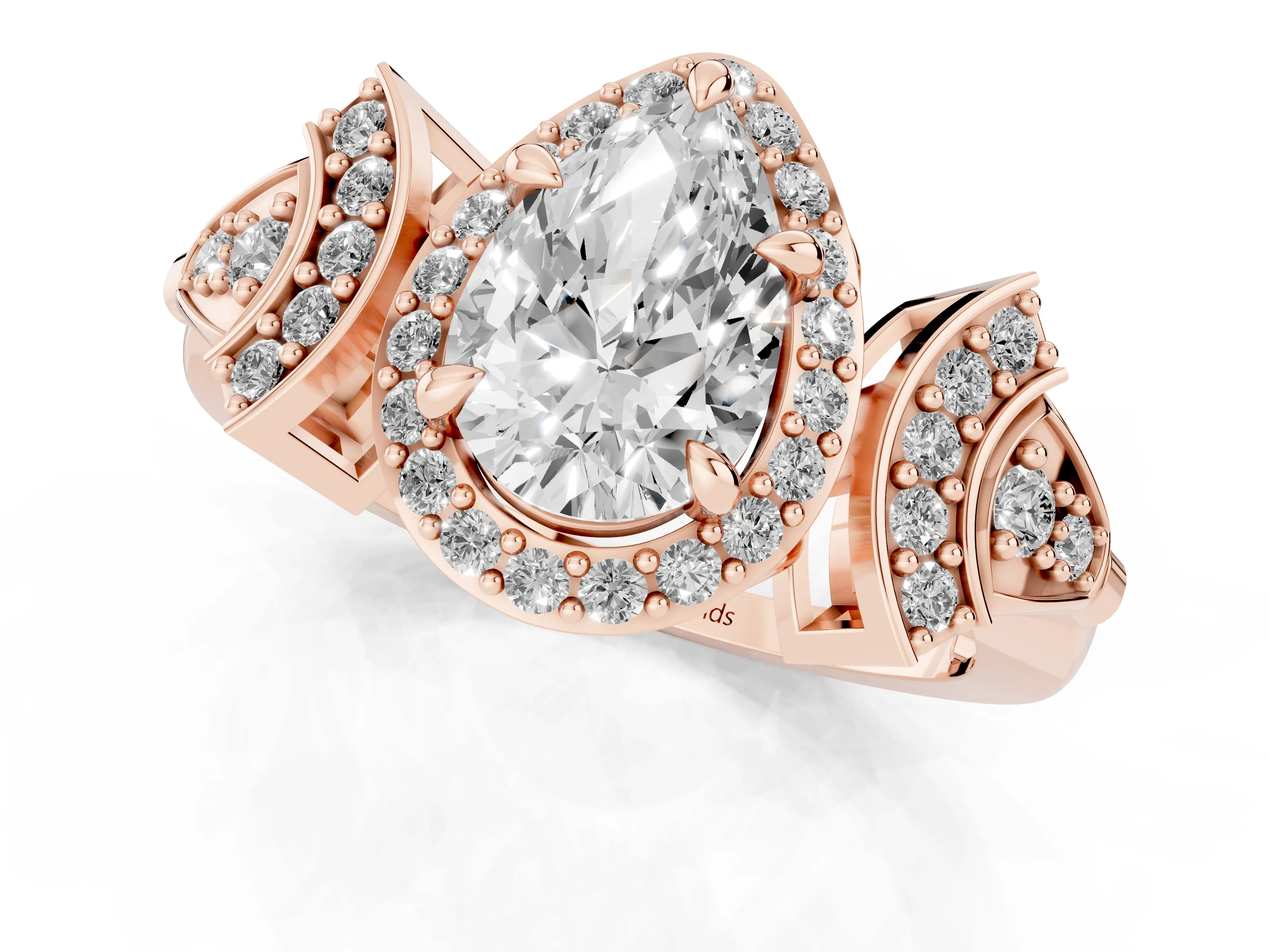Pear Cut Diamond Halo Engagement Ring Set in Rose gold with Accent Stone Split Shank