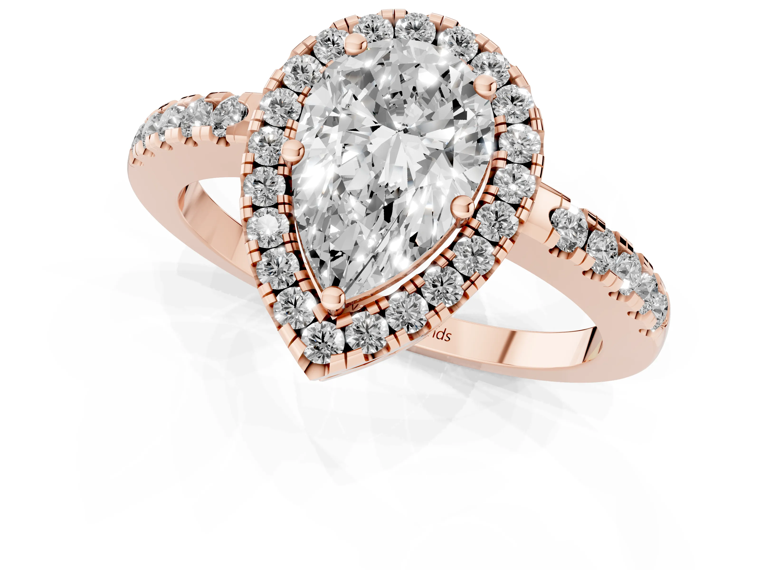 Pear Cut Diamond Pavé Band Halo Engagement Ring Set in Rose gold with Prong Setting