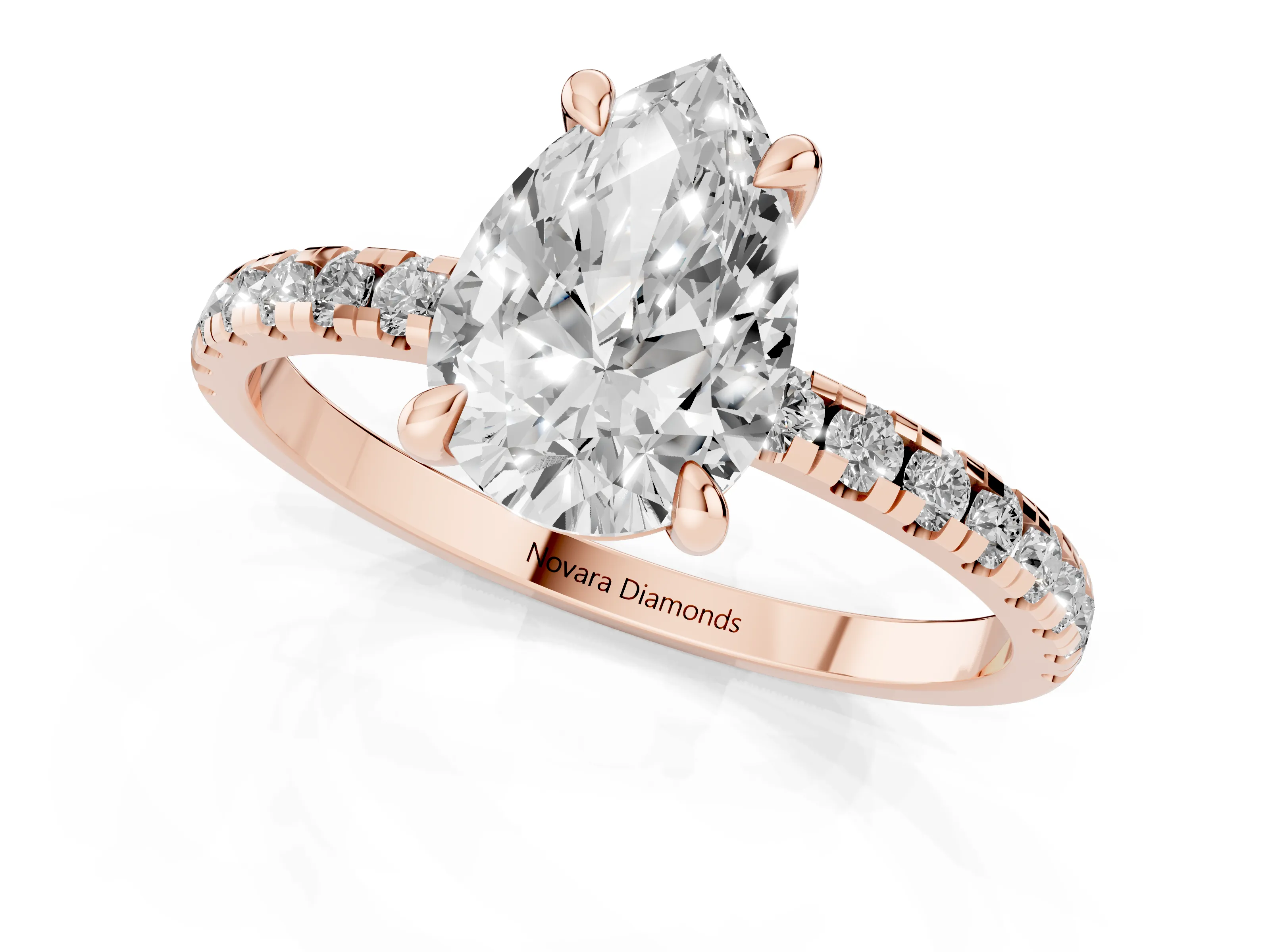 Pear Cut Diamond Brilliant Solitaire Ring Set in Rose gold with Pavé Band and Prong Setting