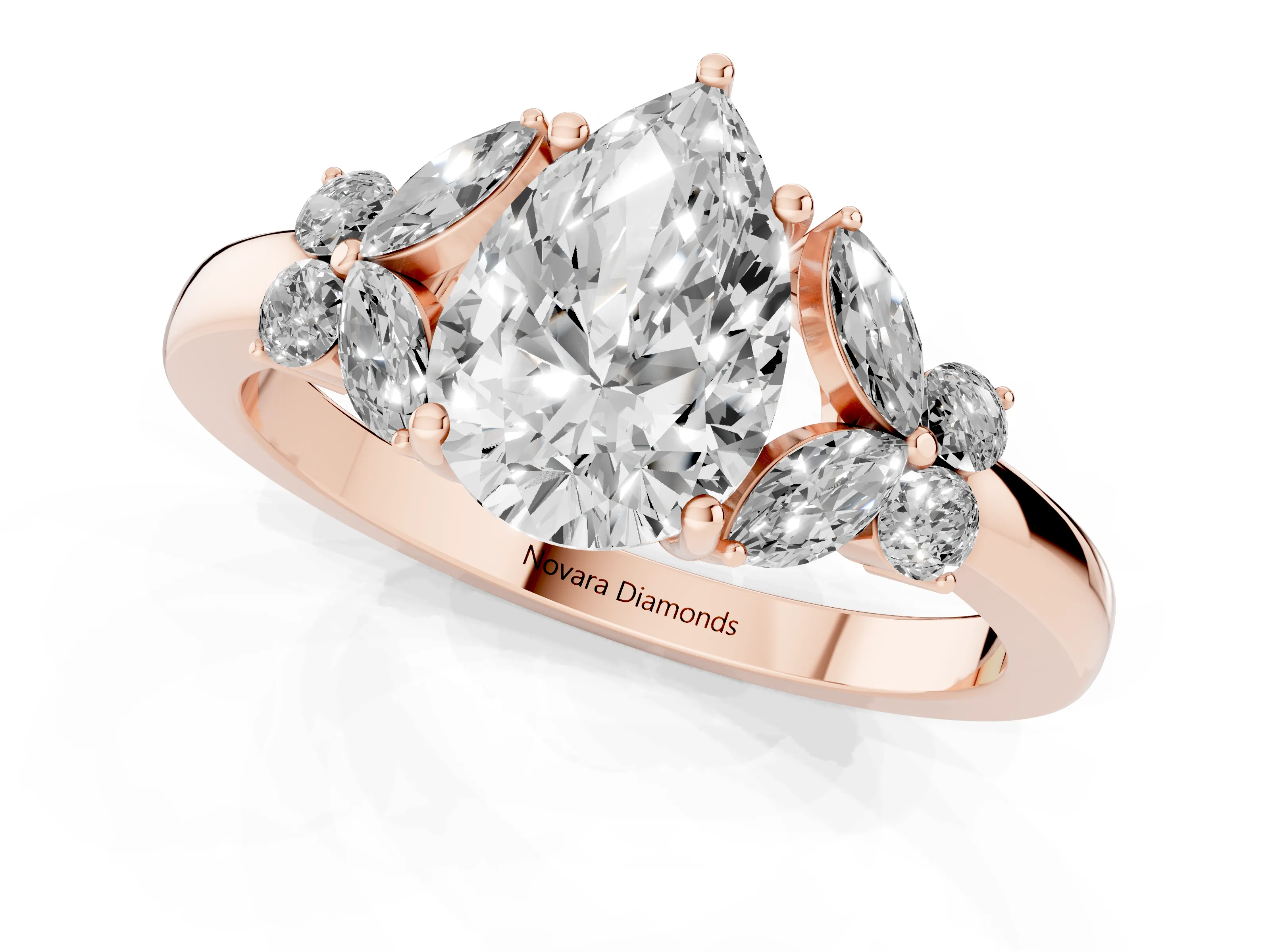 Pear Cut Diamond Solitaire Floral Ring Set in Rose gold with Marquise Petals and Prong Setting