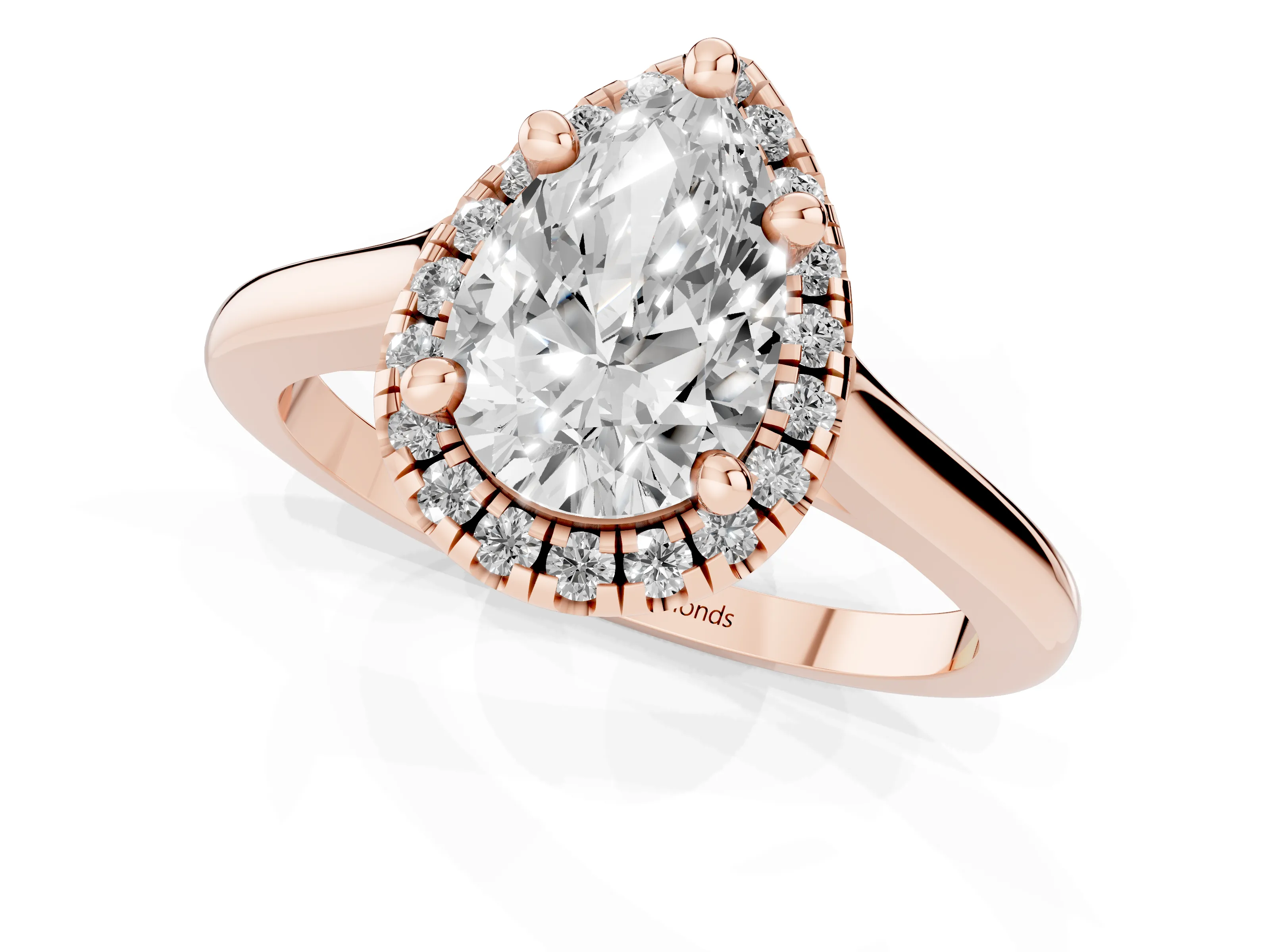 Pear Cut Diamond Halo Engagement Ring Set in Rose gold with Pavé Band and Rising Shoulders