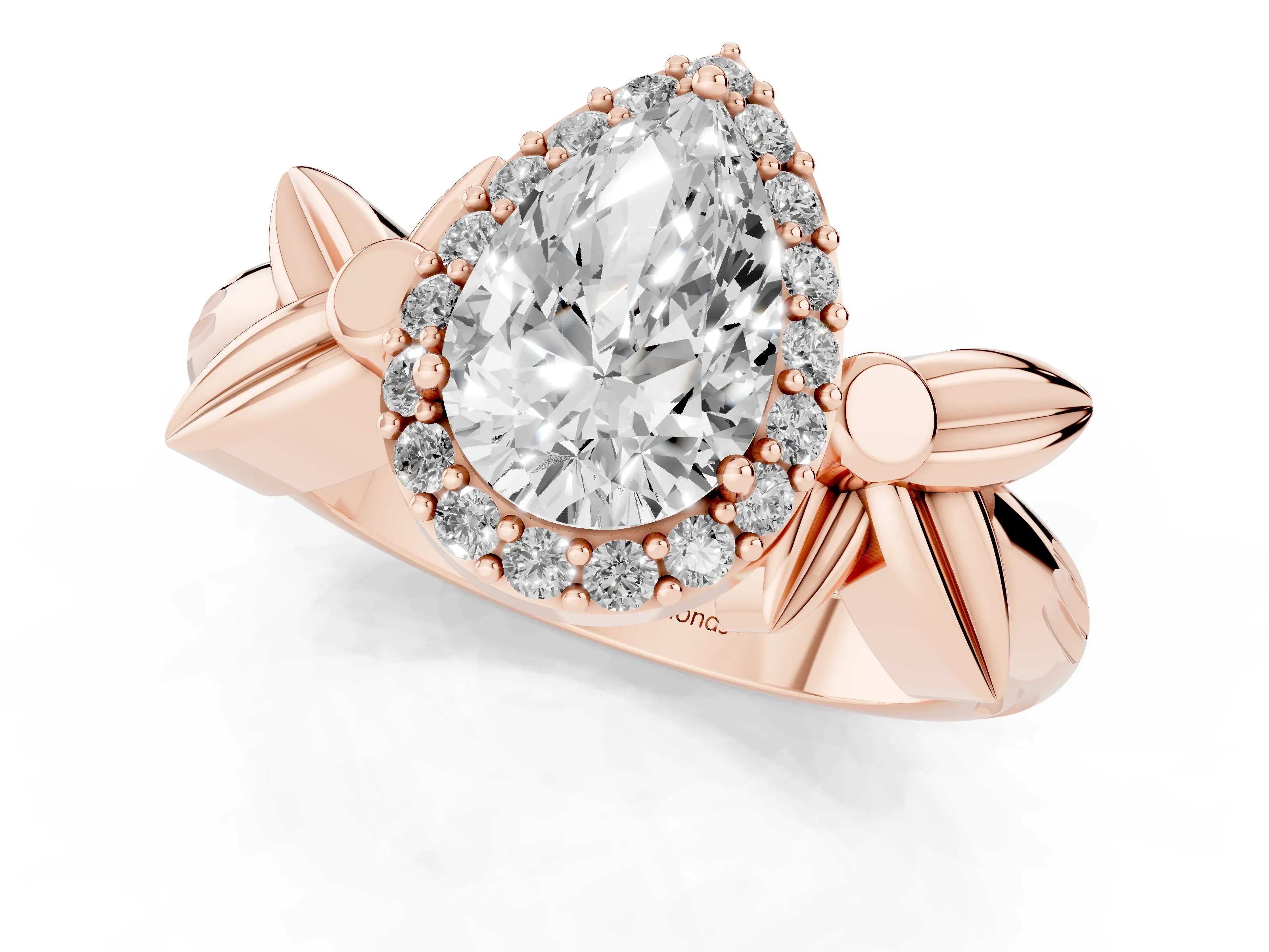 Pear Cut Diamond Halo Floral Band Ring Set in Rose gold with Prong Setting – second view