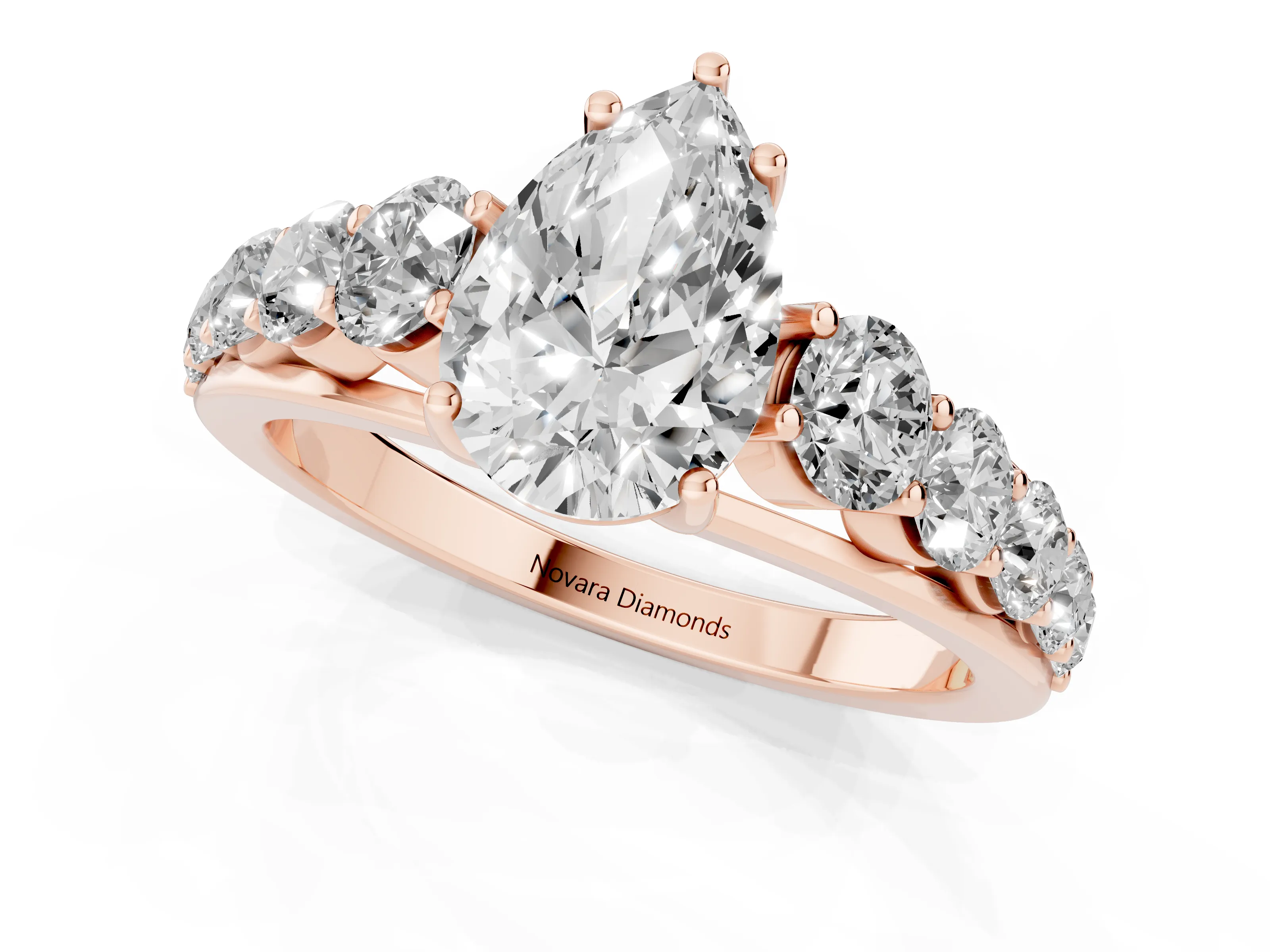 Pear Cut Diamond Solitaire Ring Set in Rose gold with Pavé-Set Band and Prong Setting