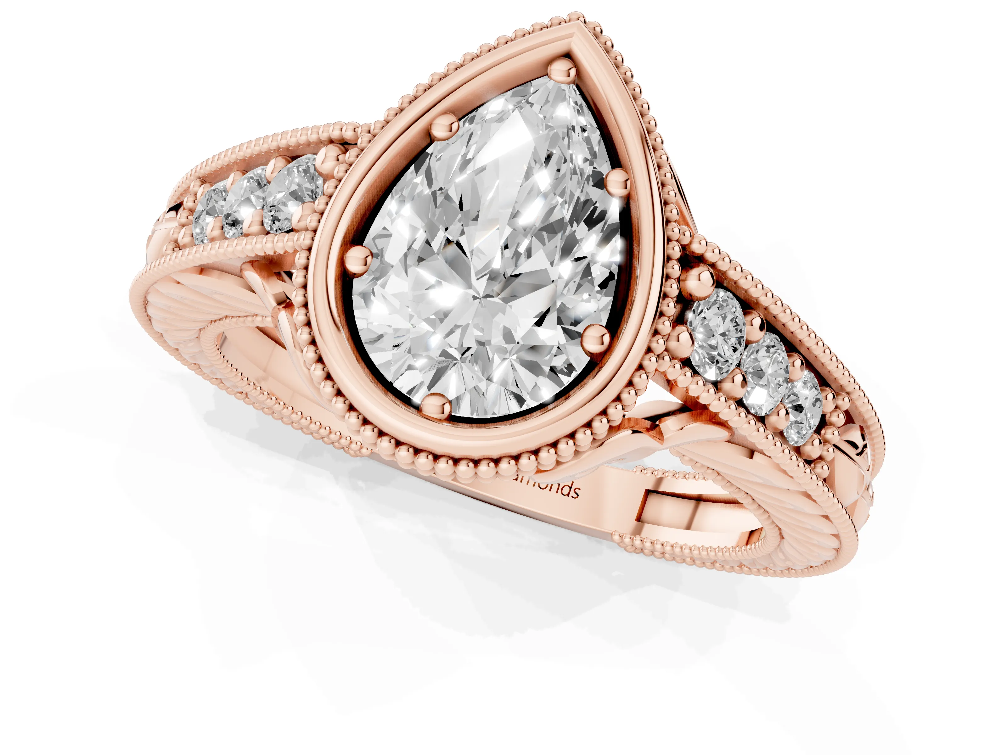 Bezel Set Pear Cut Diamond Milgrain Pavé Engagement Ring Set in Rose gold